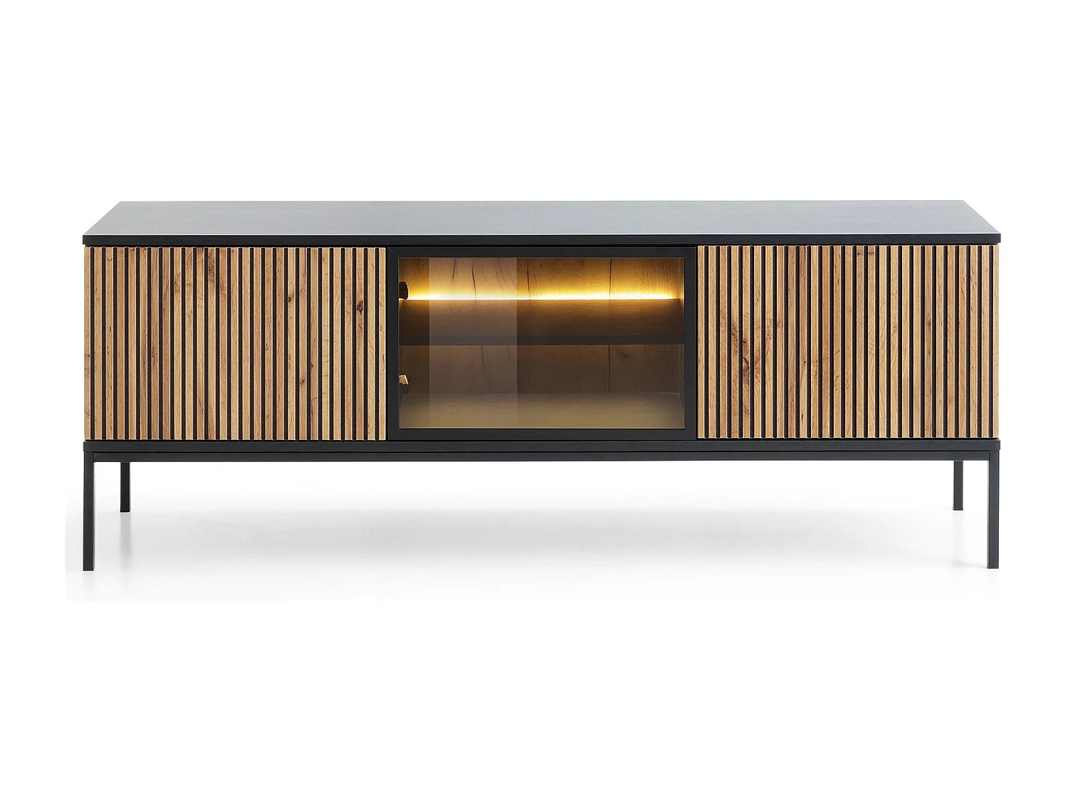 TV-Schrank 150 cm Haller - Lamellen, LED-Beleuchtung, Loft - TV-Lowboard, Schwarz + Braun