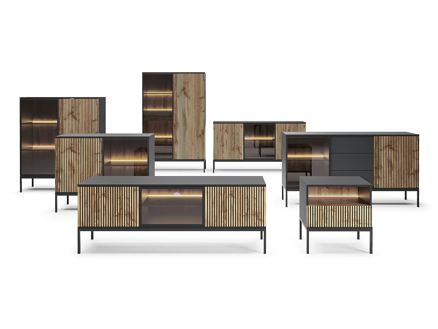 TV-Schrank 150 cm Haller - Lamellen, LED-Beleuchtung, Loft - TV-Lowboard, Schwarz + Braun