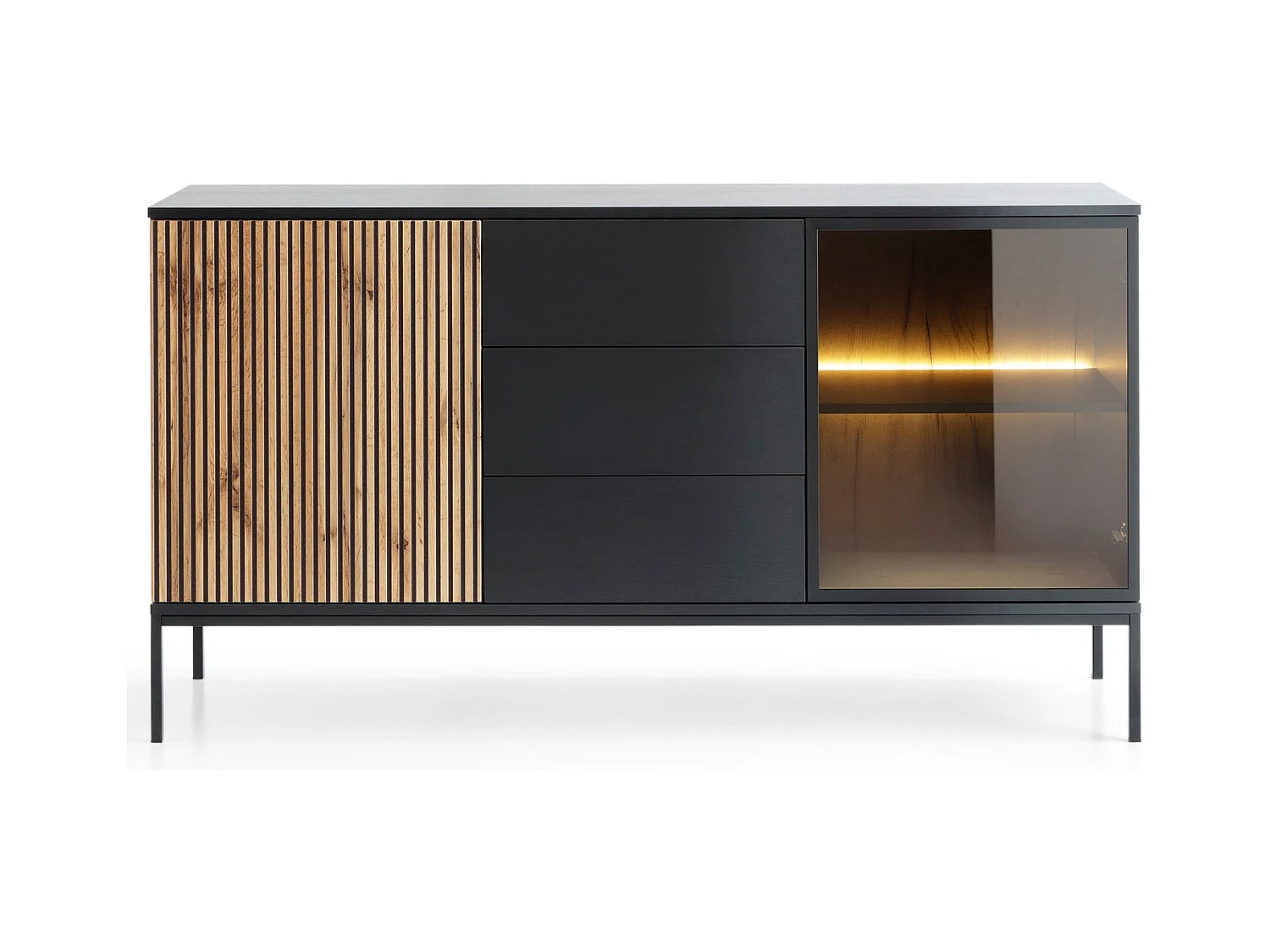 Commode 150 cm Haller - Commode 3 tiroirs, Loft, Industriel, éclairage LED, Lamelles (Noir + Marron)