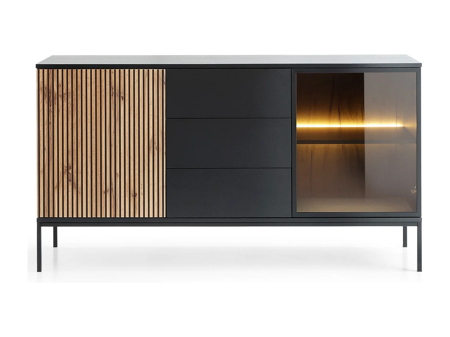 Commode 150 cm Haller - Commode 3 tiroirs, Loft, Industriel, éclairage LED, Lamelles (Noir + Marron)