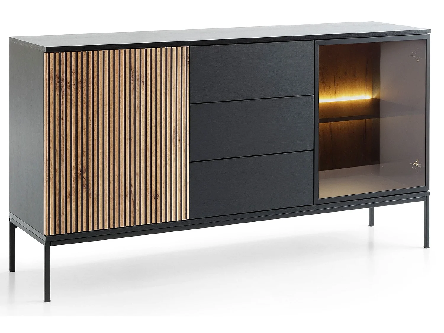 Commode 150 cm Haller - Commode 3 tiroirs, Loft, Industriel, éclairage LED, Lamelles, Noir + Marron