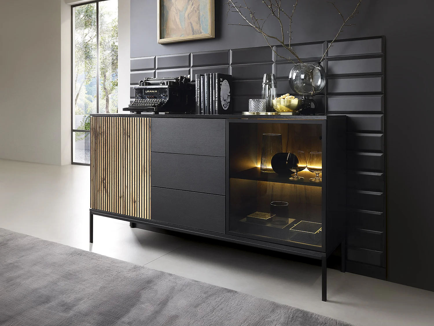 Commode 150 cm Haller - Commode 3 tiroirs, Loft, Industriel, éclairage LED, Lamelles, Noir + Marron