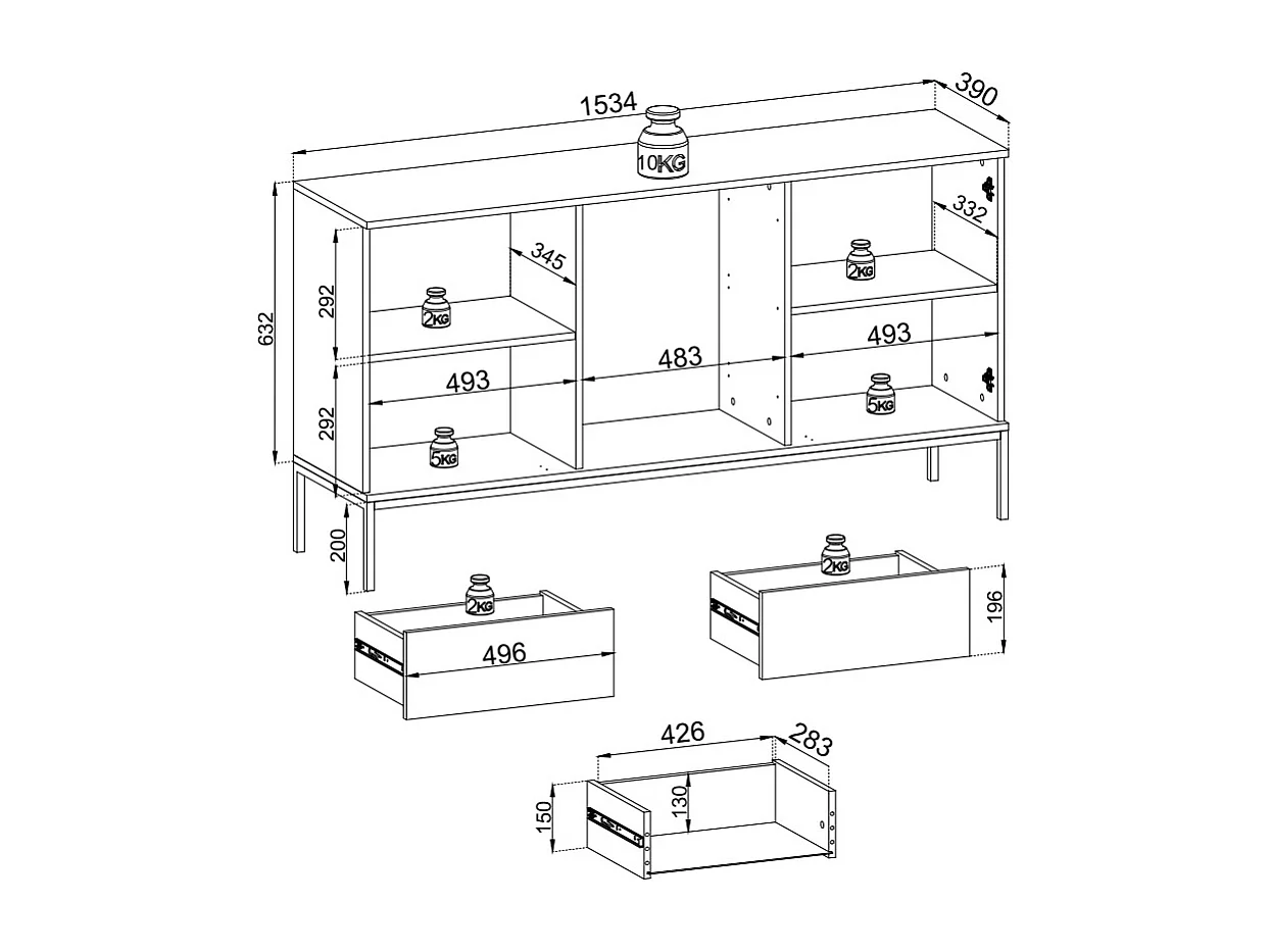 Commode 150 cm Haller - Commode 3 tiroirs, Loft, Industriel, éclairage LED, Lamelles, Noir + Marron