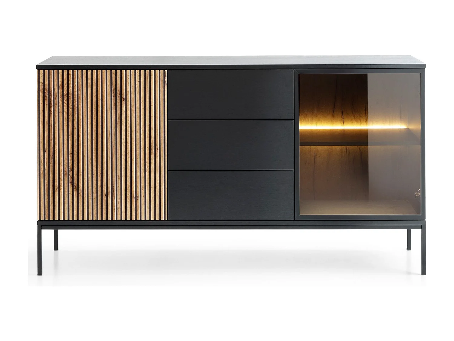 Commode 150 cm Haller - Commode 3 tiroirs, Loft, Industriel, éclairage LED, Lamelles, Noir + Marron