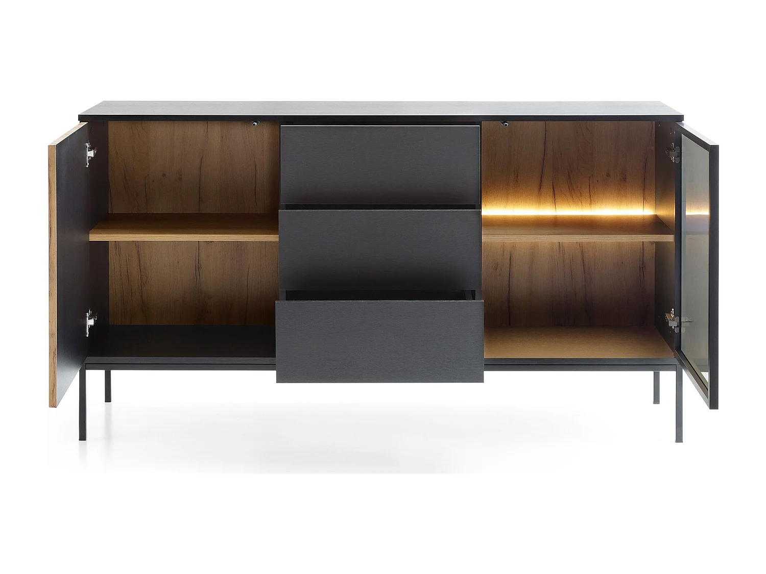 Commode 150 cm Haller - Commode 3 tiroirs, Loft, Industriel, éclairage LED, Lamelles, Noir + Marron