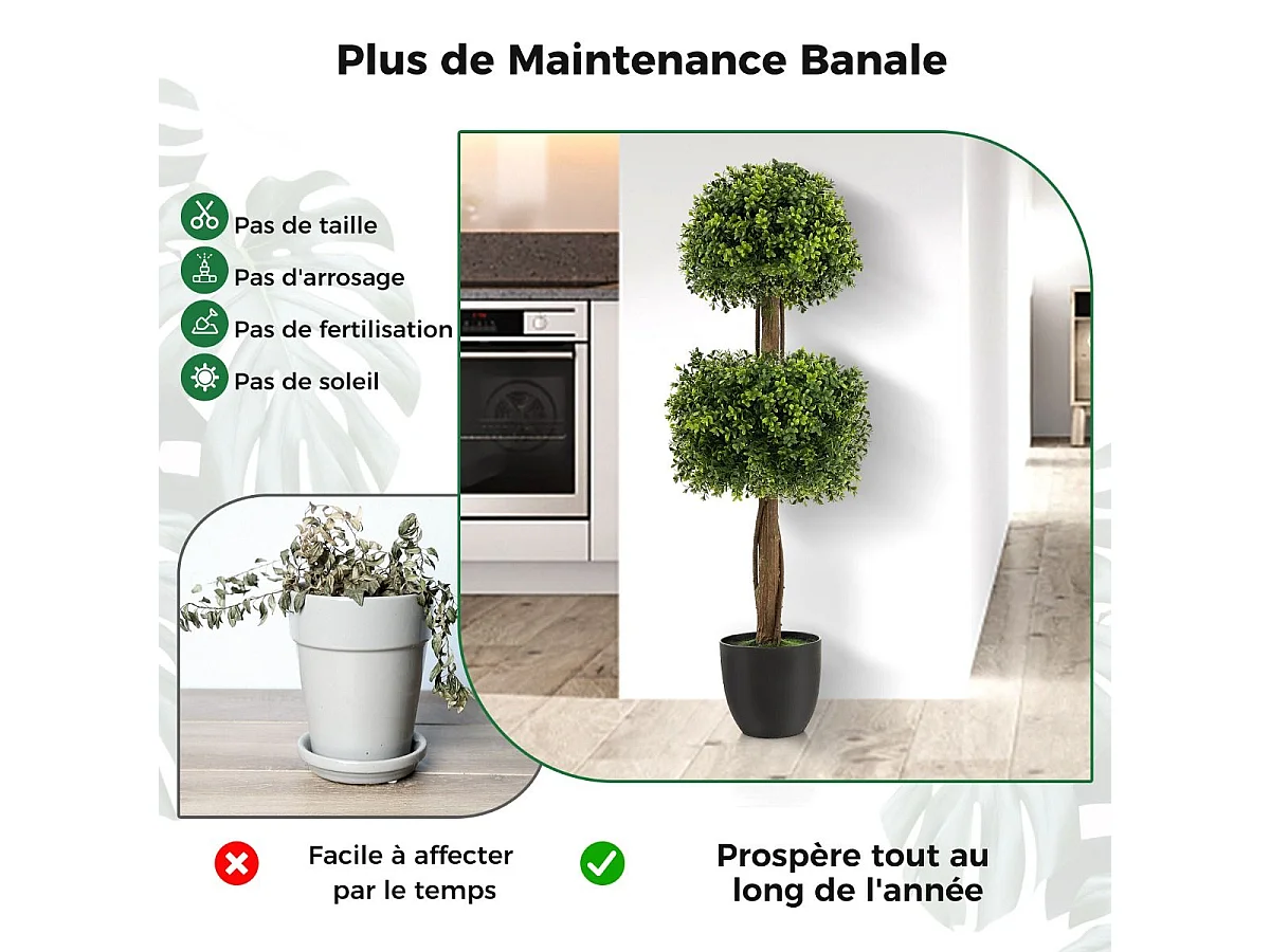 Arbre Topiaire en Buis Artificiel, Fausse Plante de Buis avec Pot en Plastique Rempli de Ciment, pour Décoration de Maison Bureau Jardin et Entrée (100 cm)