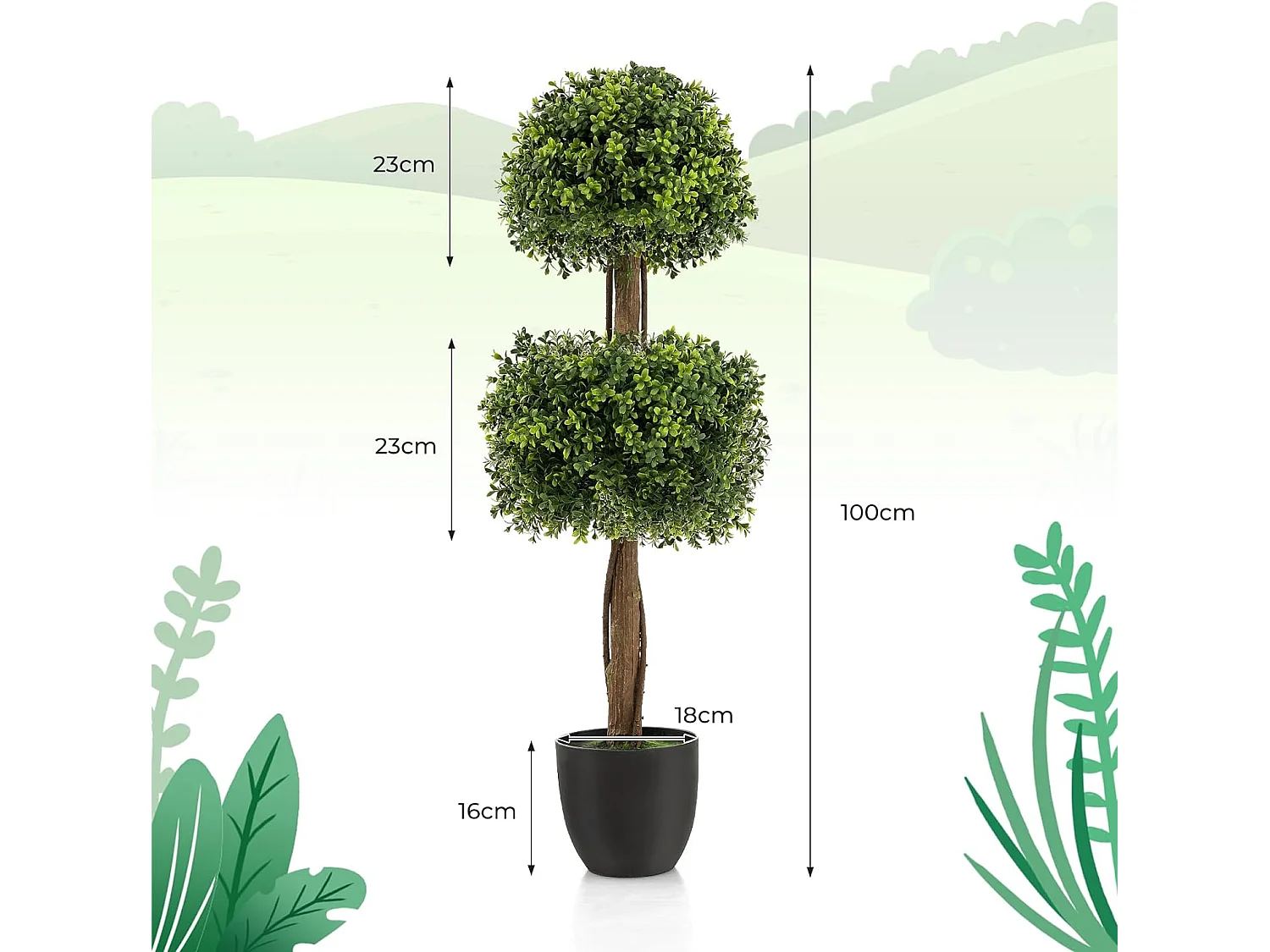 Arbre Topiaire en Buis Artificiel, Fausse Plante de Buis avec Pot en Plastique Rempli de Ciment, pour Décoration de Maison Bureau Jardin et Entrée (100 cm)