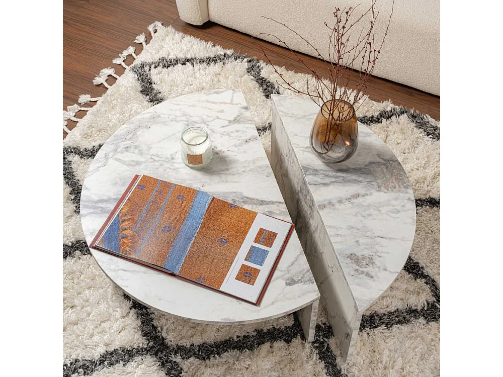 Set of 2 Round Coffee Tables L90 cm - ORION White Rectangle Design