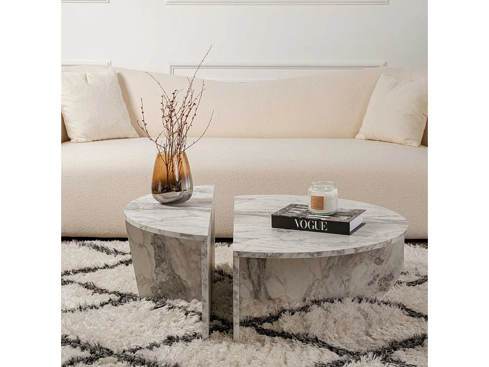 Set of 2 Round Coffee Tables L90 cm - ORION White Rectangle Design