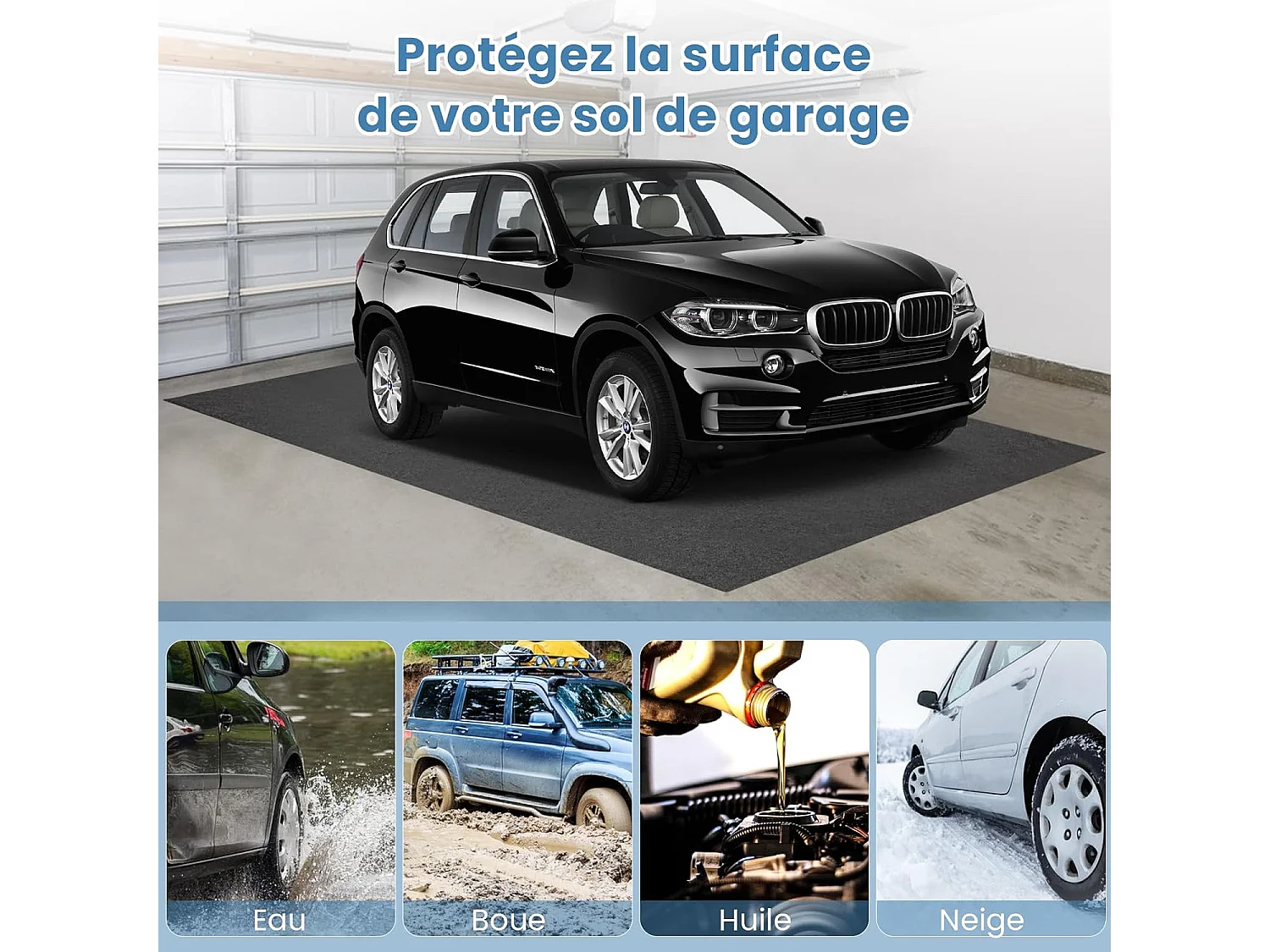 Tapis de Sol pour Garage Imperméable 252,5 x 221 cm, Tapis Antidérapant Voiture Réutilisable et Lavable avec Ruban Adhésif Double Face, pour Motoréparation Automobile, Gris