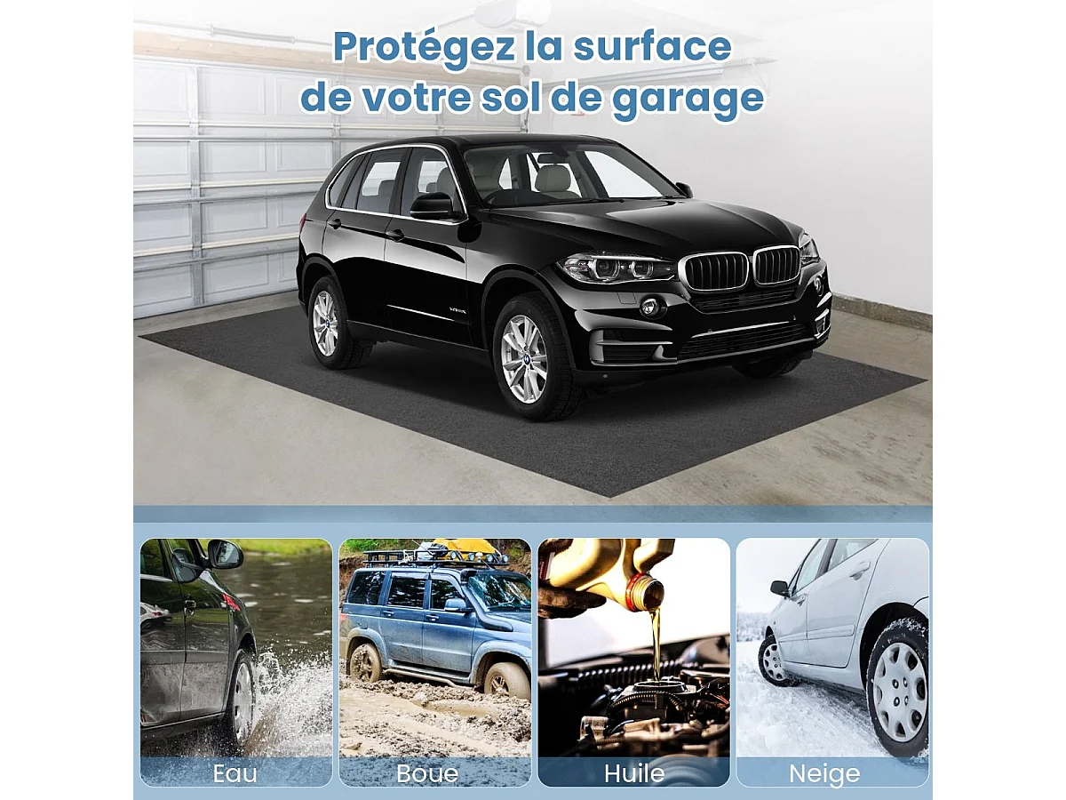 Tapis de Sol pour Garage Imperméable 252,5 x 221 cm, Tapis Antidérapant Voiture Réutilisable et Lavable avec Ruban Adhésif Double Face, pour Motoréparation Automobile, Gris