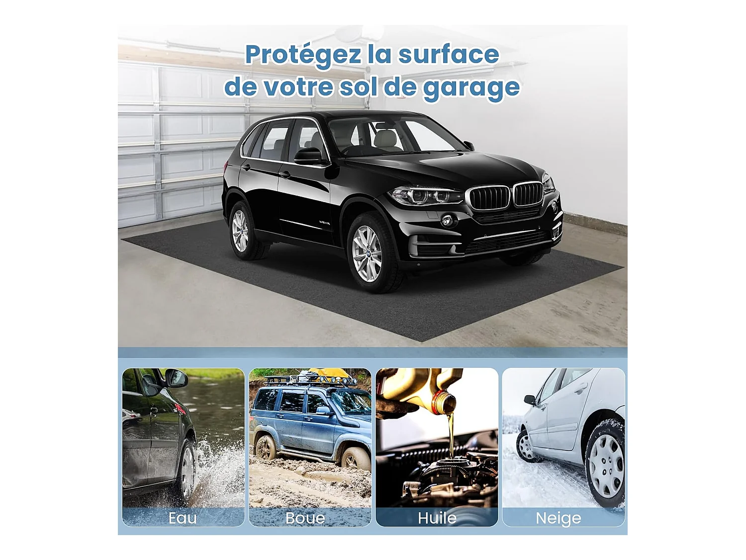 Tapis de Sol pour Garage Imperméable 252,5 x 221 cm, Tapis Antidérapant Voiture Réutilisable et Lavable avec Ruban Adhésif Double Face, pour Motoréparation Automobile, Gris