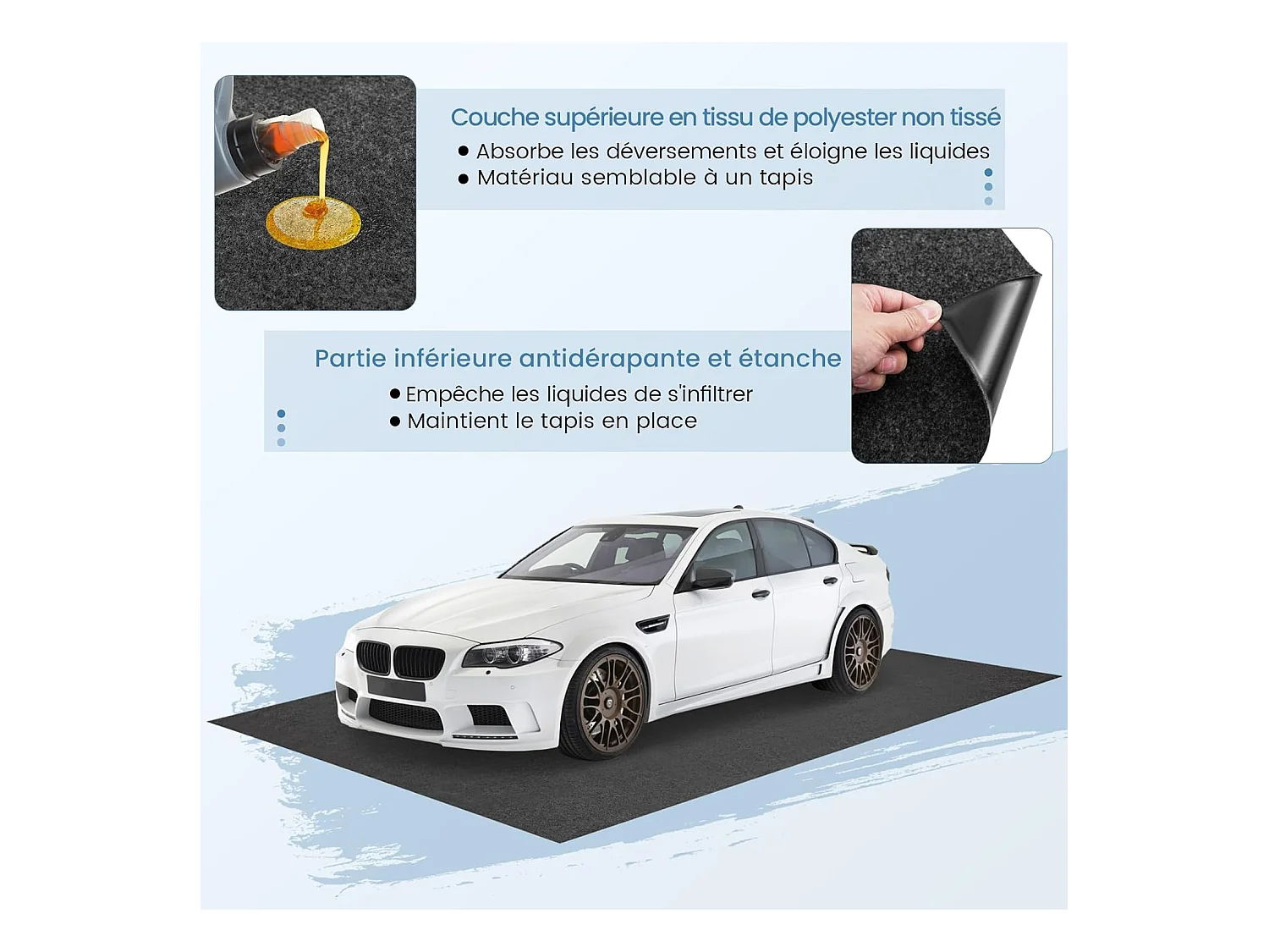 Tapis de Sol pour Garage Imperméable 252,5 x 221 cm, Tapis Antidérapant Voiture Réutilisable et Lavable avec Ruban Adhésif Double Face, pour Motoréparation Automobile, Gris