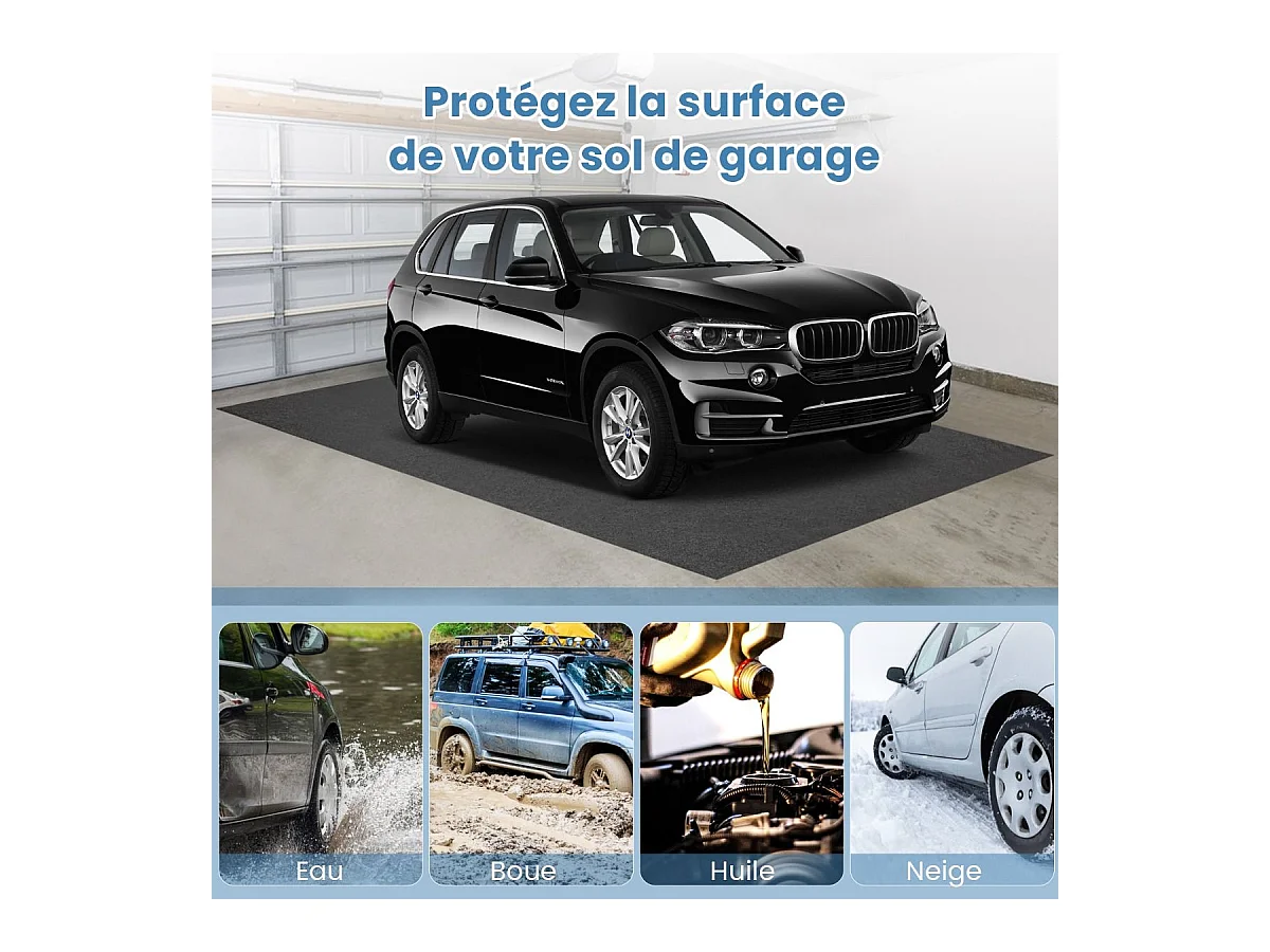 Tapis de Sol pour Garage Imperméable 252,5 x 221 cm, Tapis Antidérapant Voiture Réutilisable et Lavable avec Ruban Adhésif Double Face, pour Motoréparation Automobile, Gris