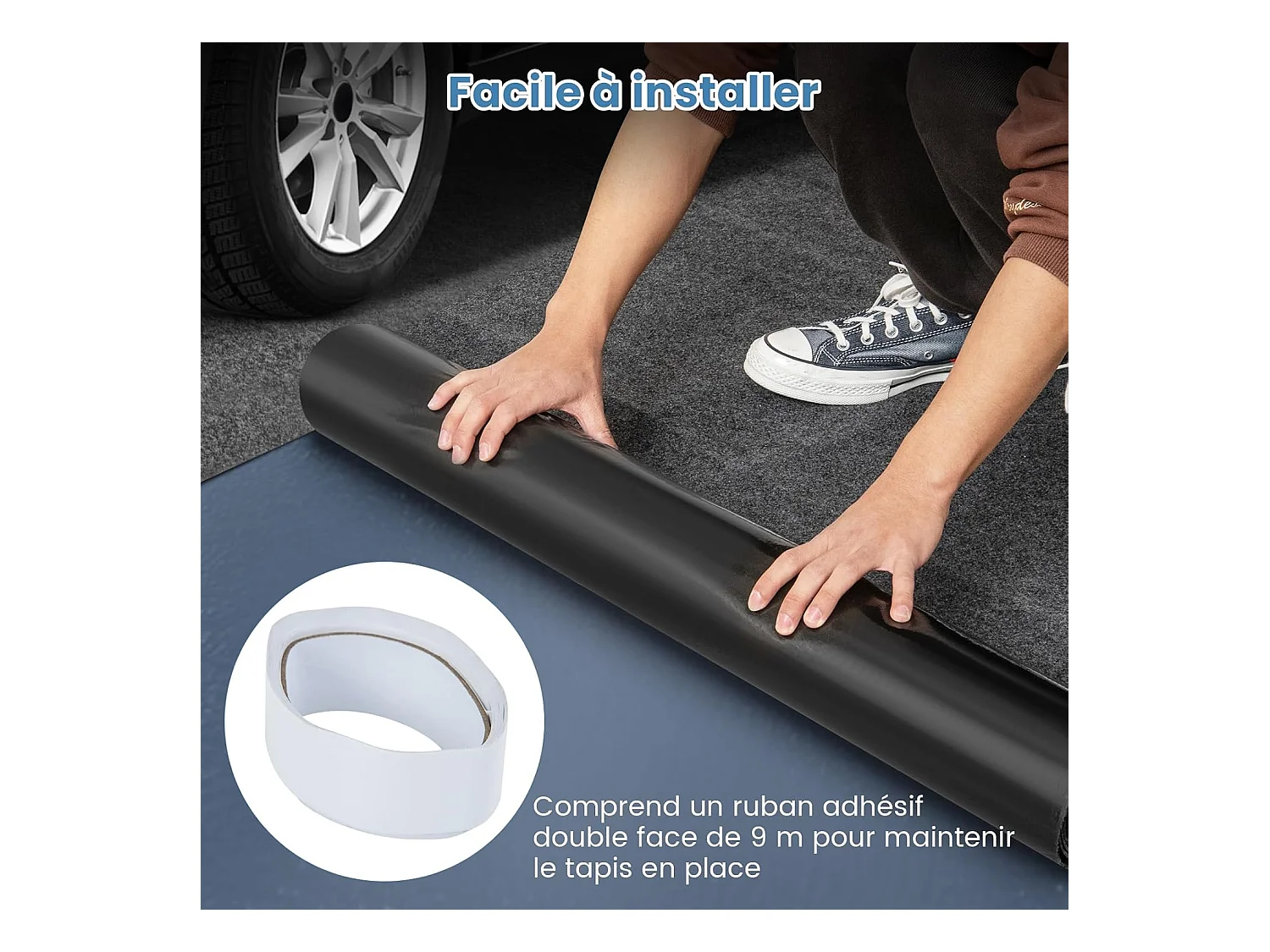 Tapis de Sol pour Garage Imperméable 252,5 x 221 cm, Tapis Antidérapant Voiture Réutilisable et Lavable avec Ruban Adhésif Double Face, pour Motoréparation Automobile, Gris