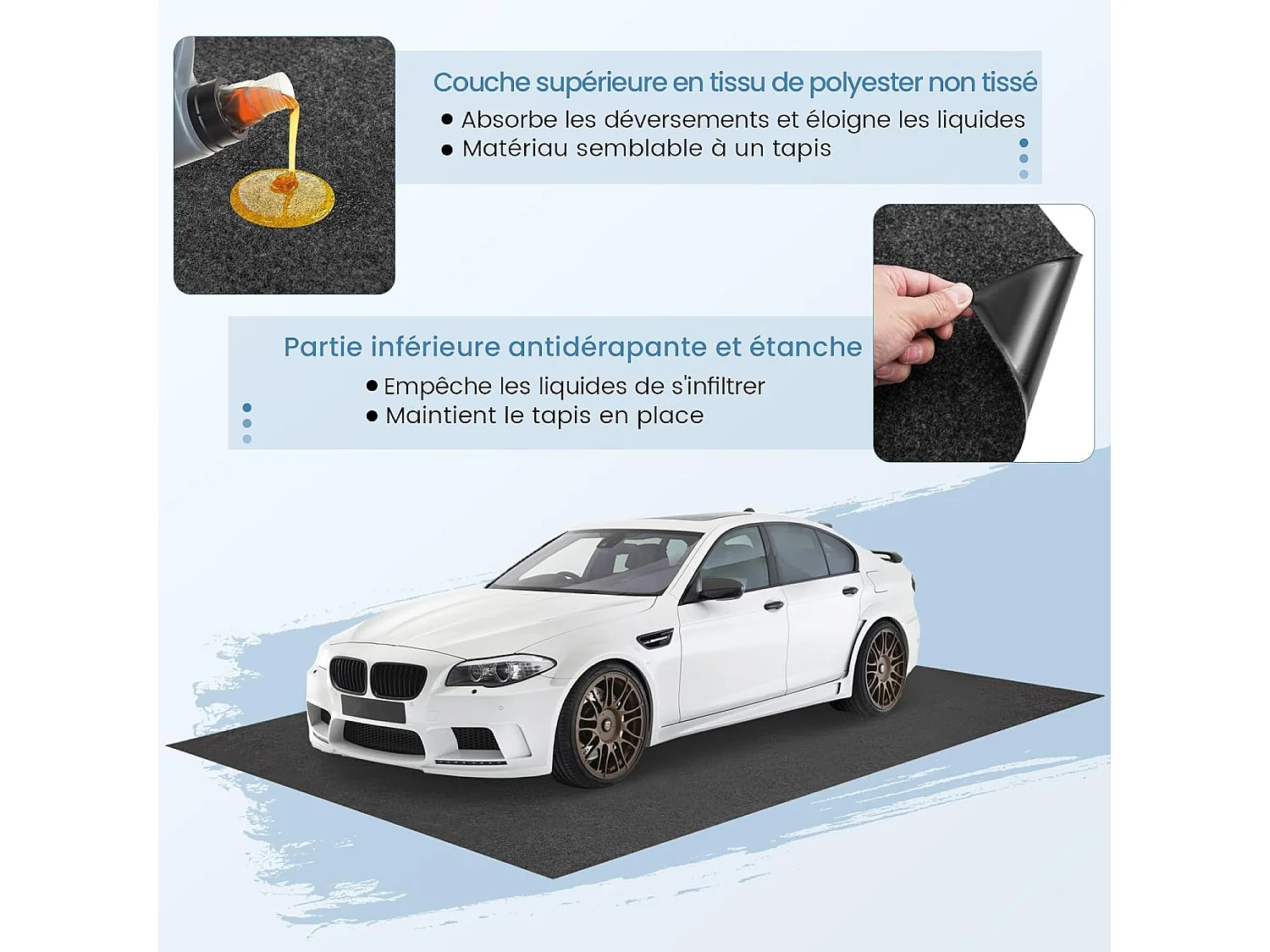Tapis de Sol pour Garage Imperméable 252,5 x 221 cm, Tapis Antidérapant Voiture Réutilisable et Lavable avec Ruban Adhésif Double Face, pour Motoréparation Automobile, Gris