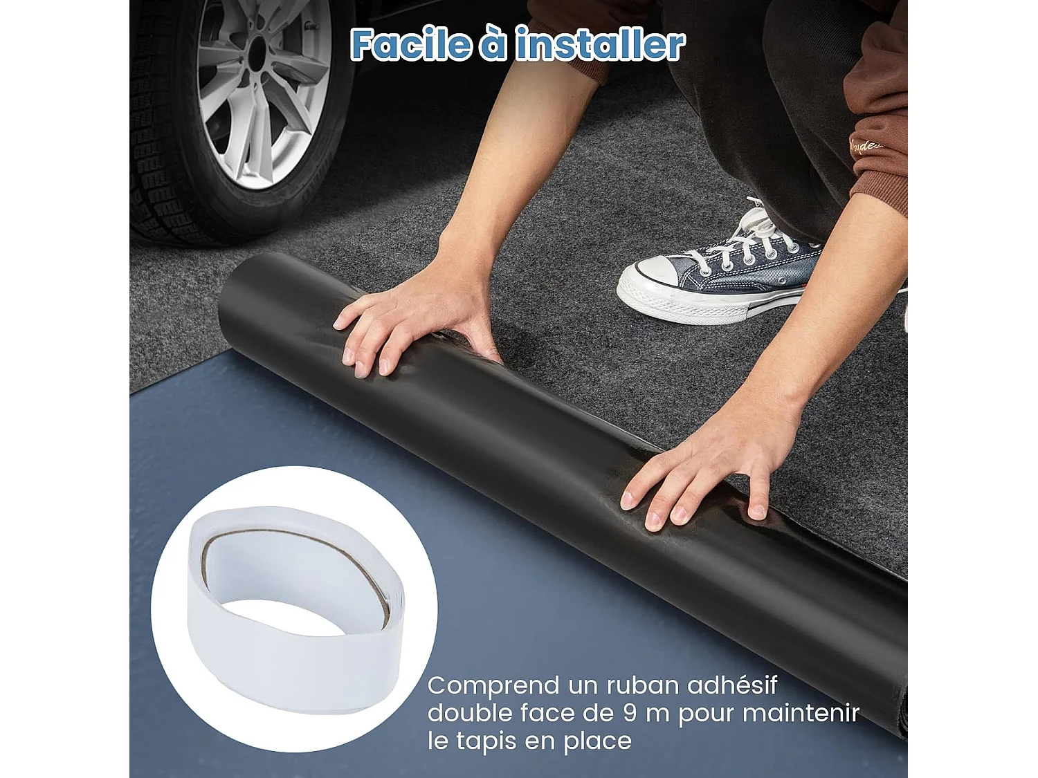 Tapis de Sol pour Garage Imperméable 252,5 x 221 cm, Tapis Antidérapant Voiture Réutilisable et Lavable avec Ruban Adhésif Double Face, pour Motoréparation Automobile, Gris