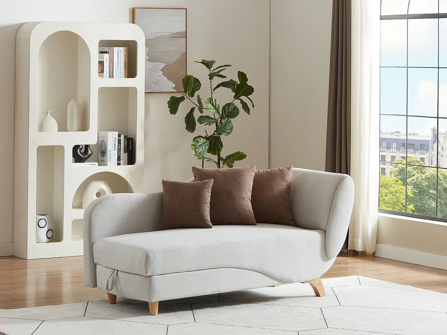 Méridienne gauche convertible avec coffre de rangement en tissu beige PENELOPE