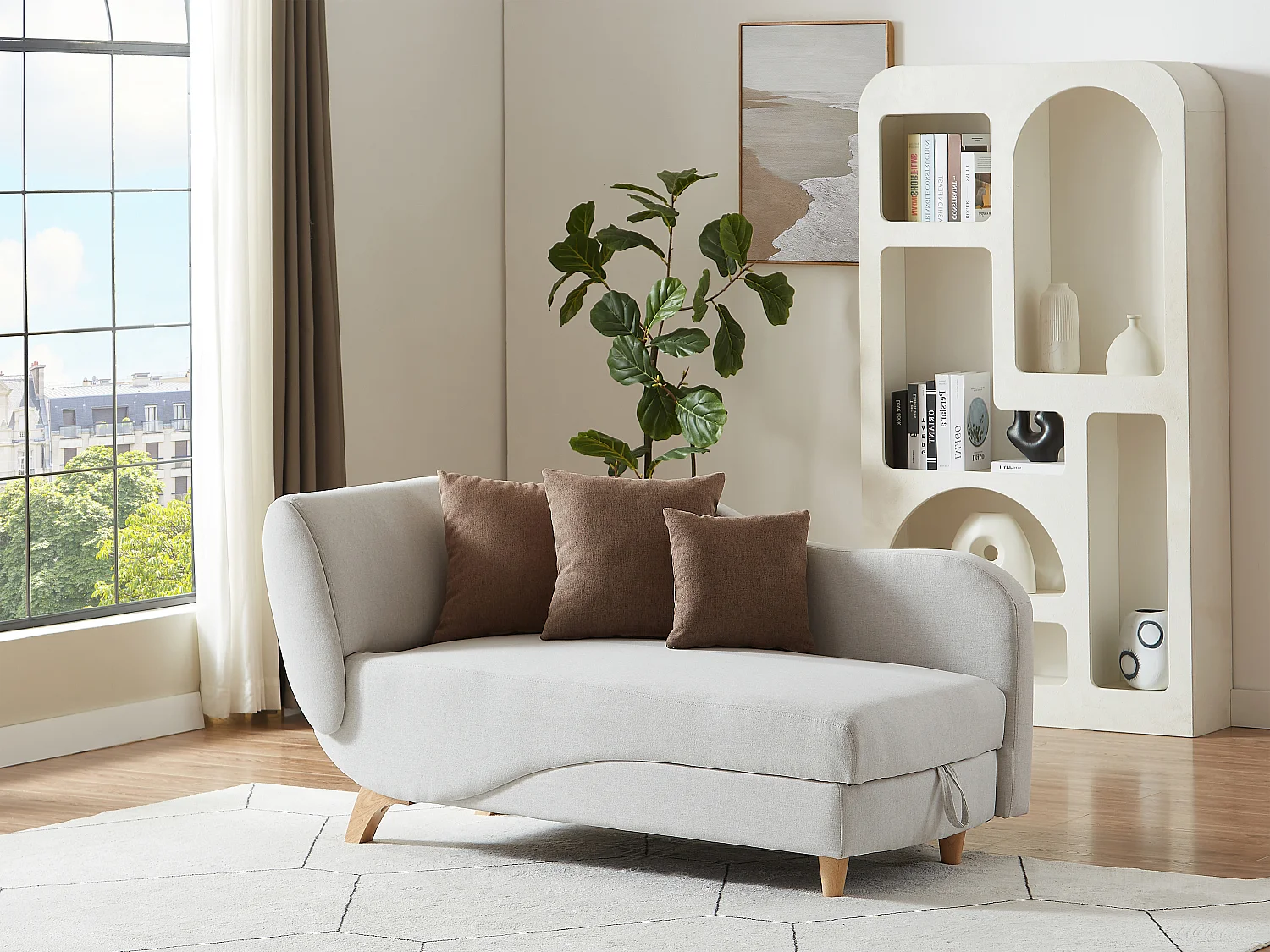 Méridienne droite convertible avec coffre de rangement en tissu beige PENELOPE