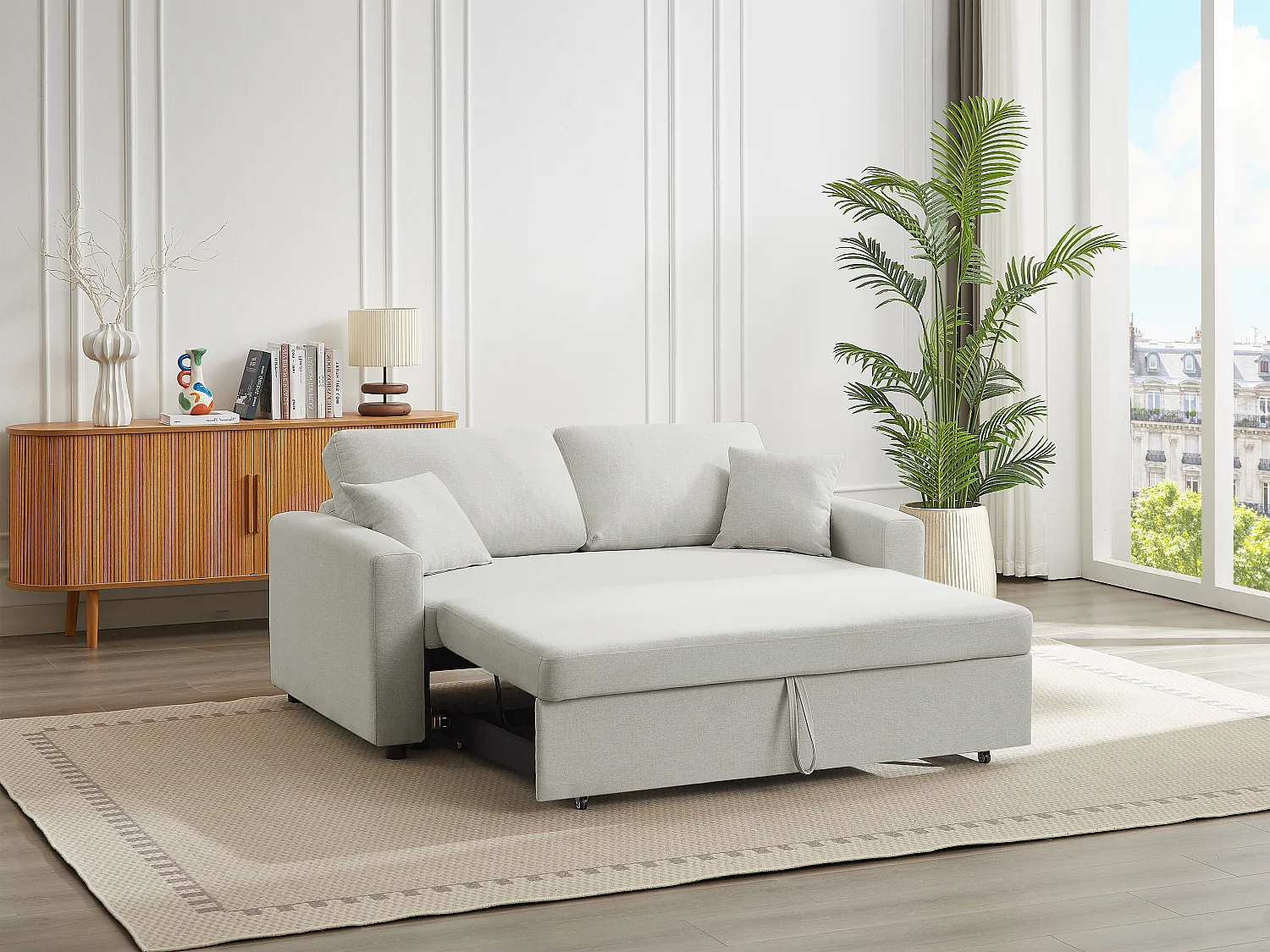 Canapé 3 places convertible en tissu beige INIZOR