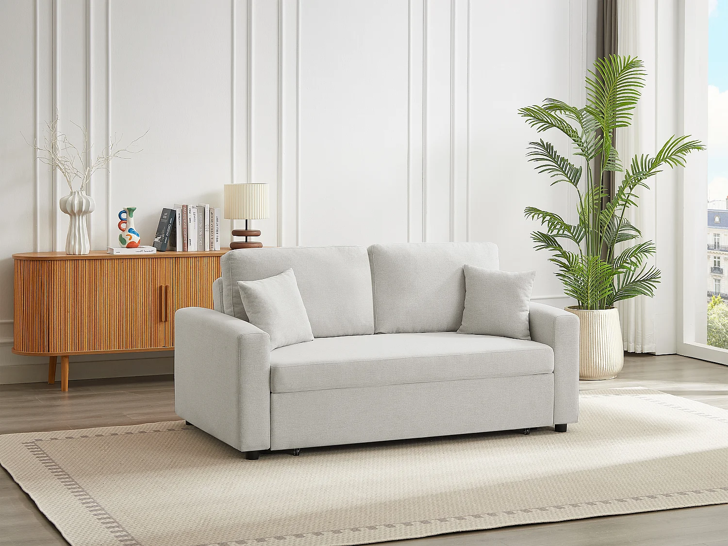 Canapé 3 places convertible en tissu beige INIZOR