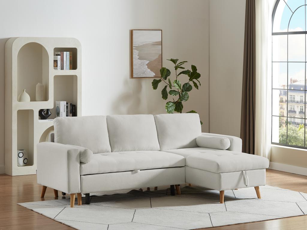 Ecksofa mit Schlaffunktion & Bettkasten + Sessel - Stoff - Beige - KORI günstig online kaufen