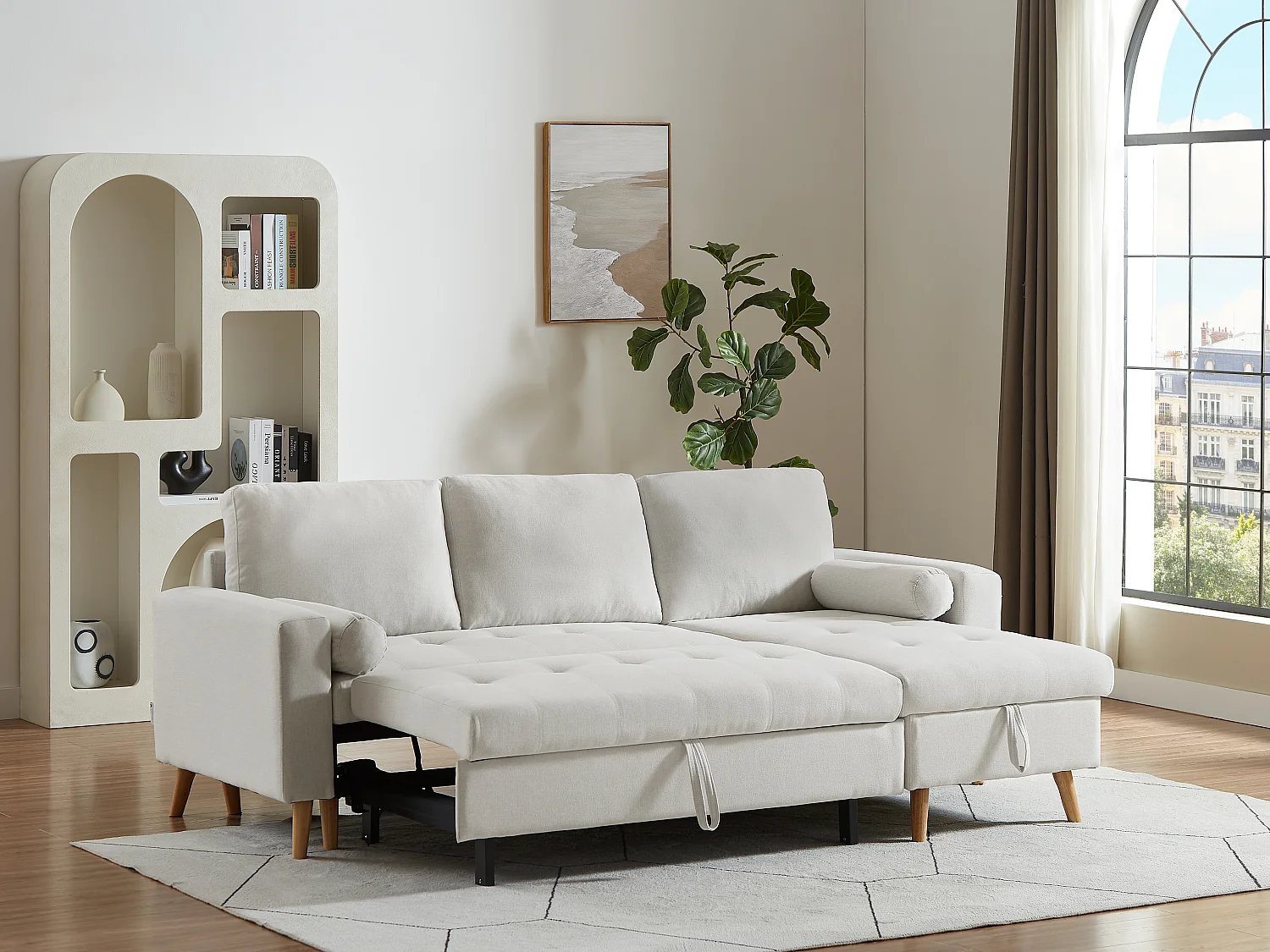 Canapé d'angle convertible et réversible en tissu beige avec coffre de rangement KORI