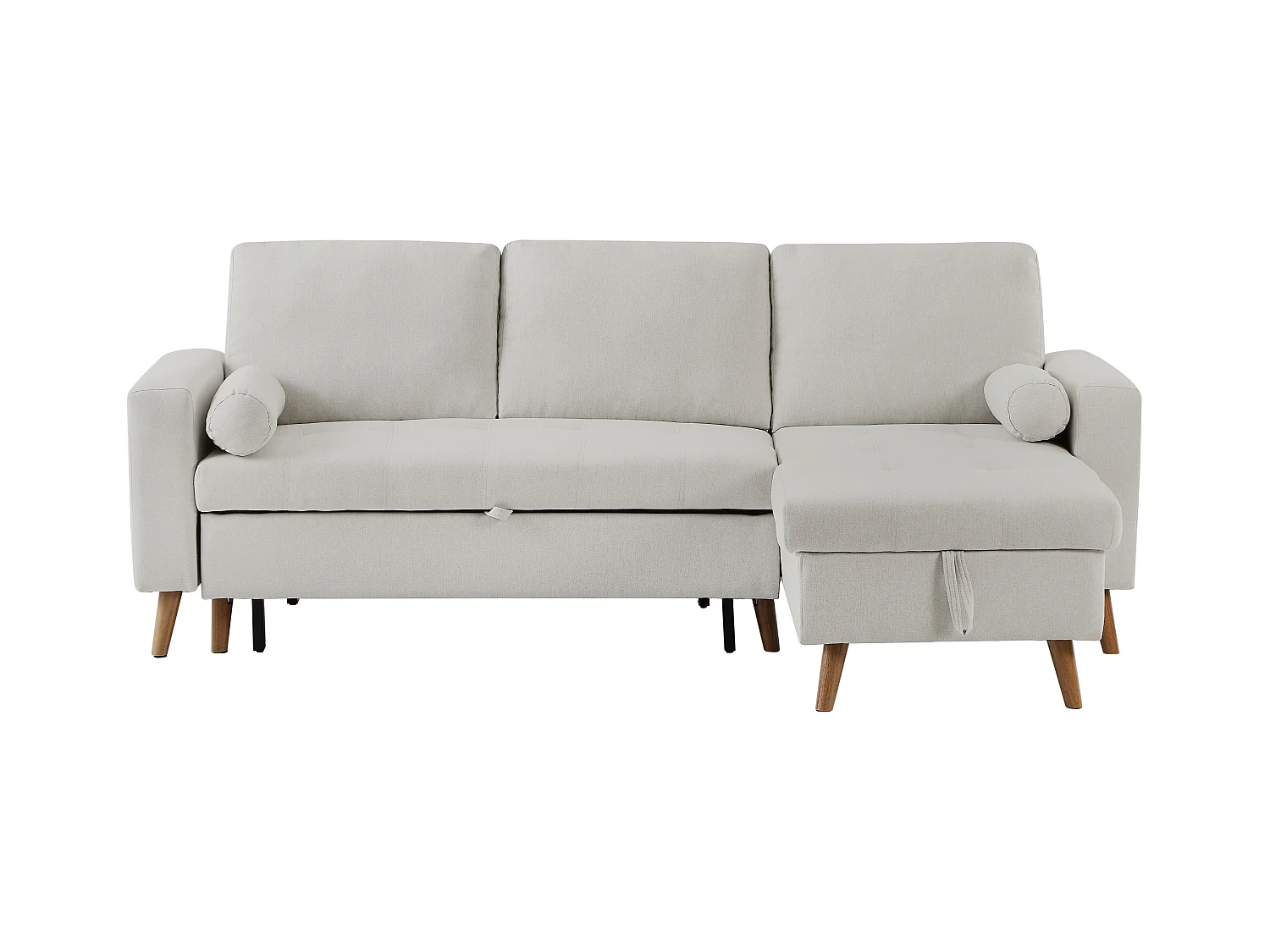 Canapé d'angle convertible et réversible en tissu beige avec coffre de rangement KORI