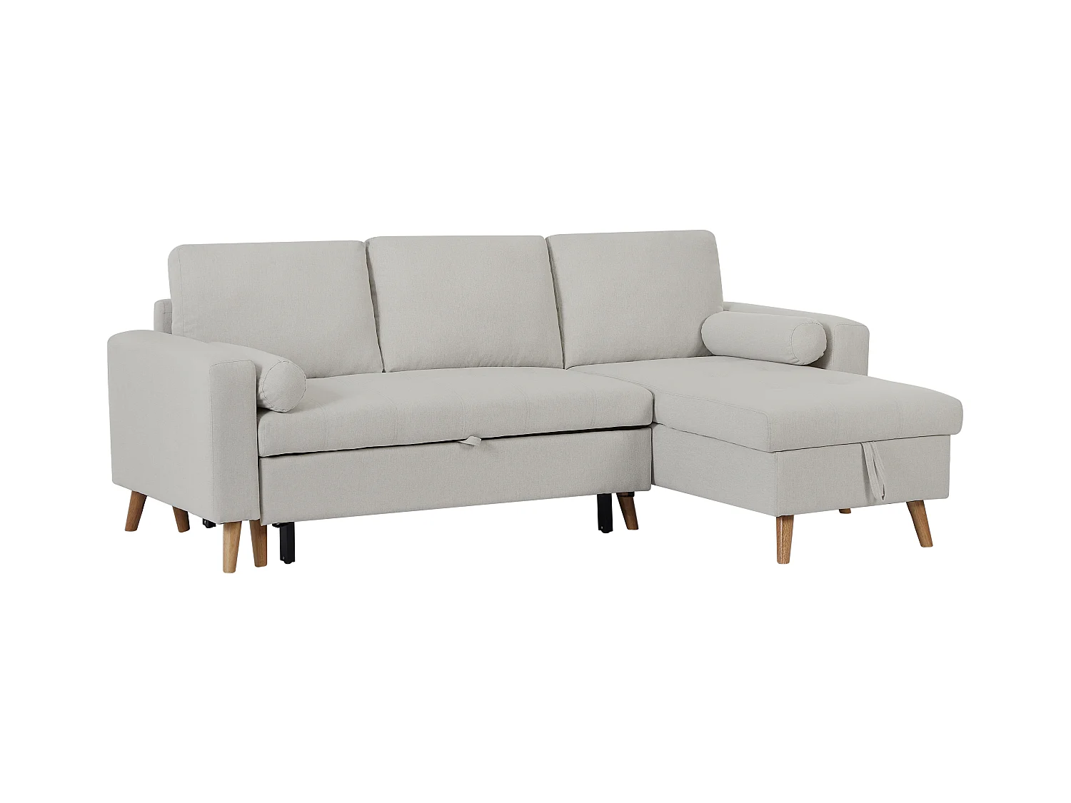 Canapé d'angle convertible et réversible en tissu beige avec coffre de rangement KORI