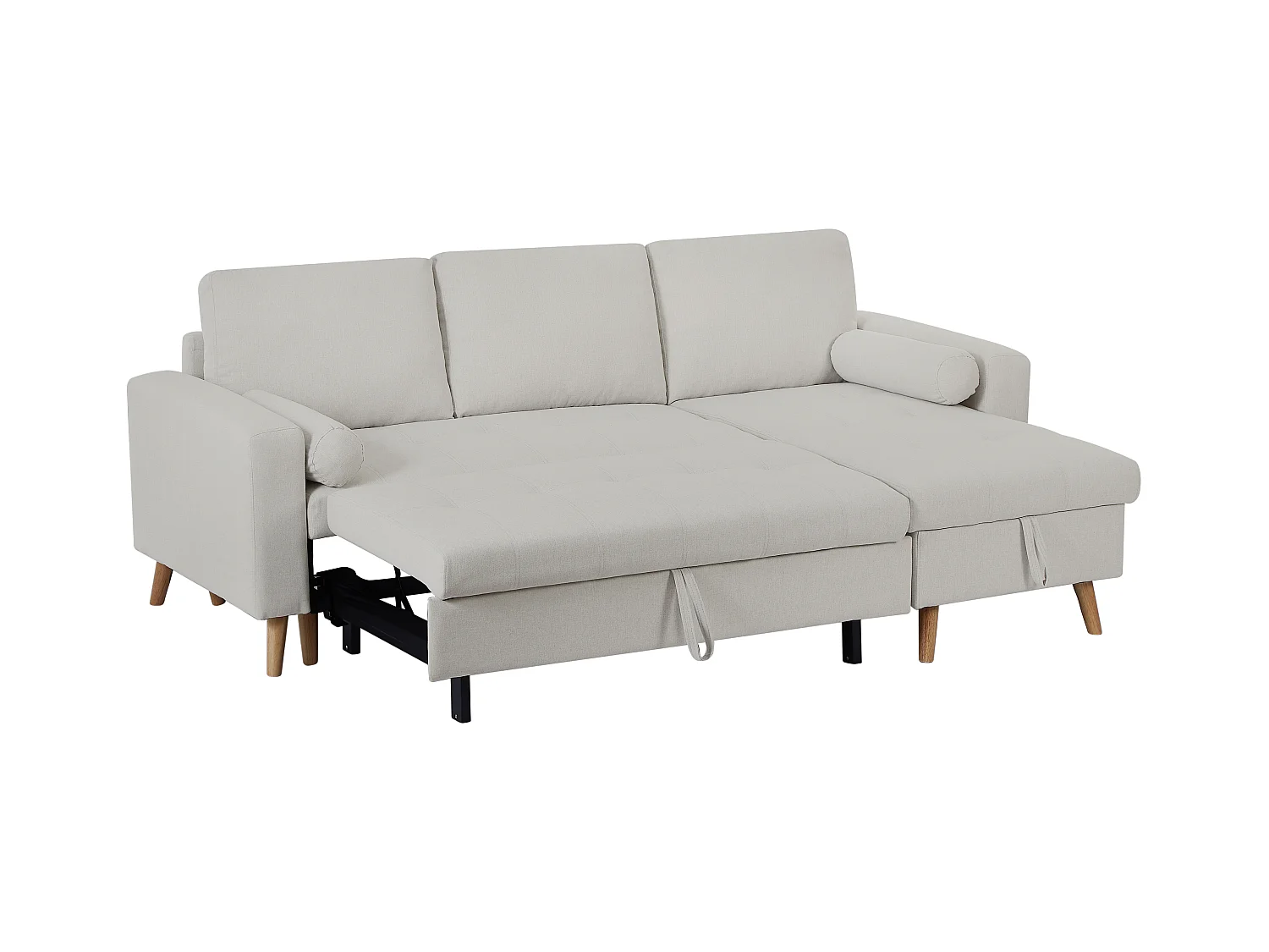 Canapé d'angle convertible et réversible en tissu beige avec coffre de rangement KORI
