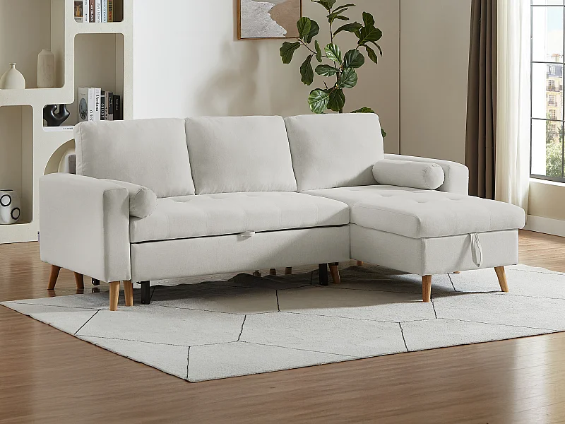 Canapé d'angle convertible et réversible en tissu beige avec coffre de rangement KORI