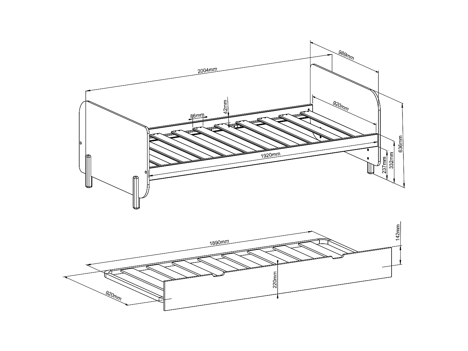 Ausziehbett - 2 x 90 x 190 cm - MDF & Kiefernholz - Holzfarben & Beige - TALUDO