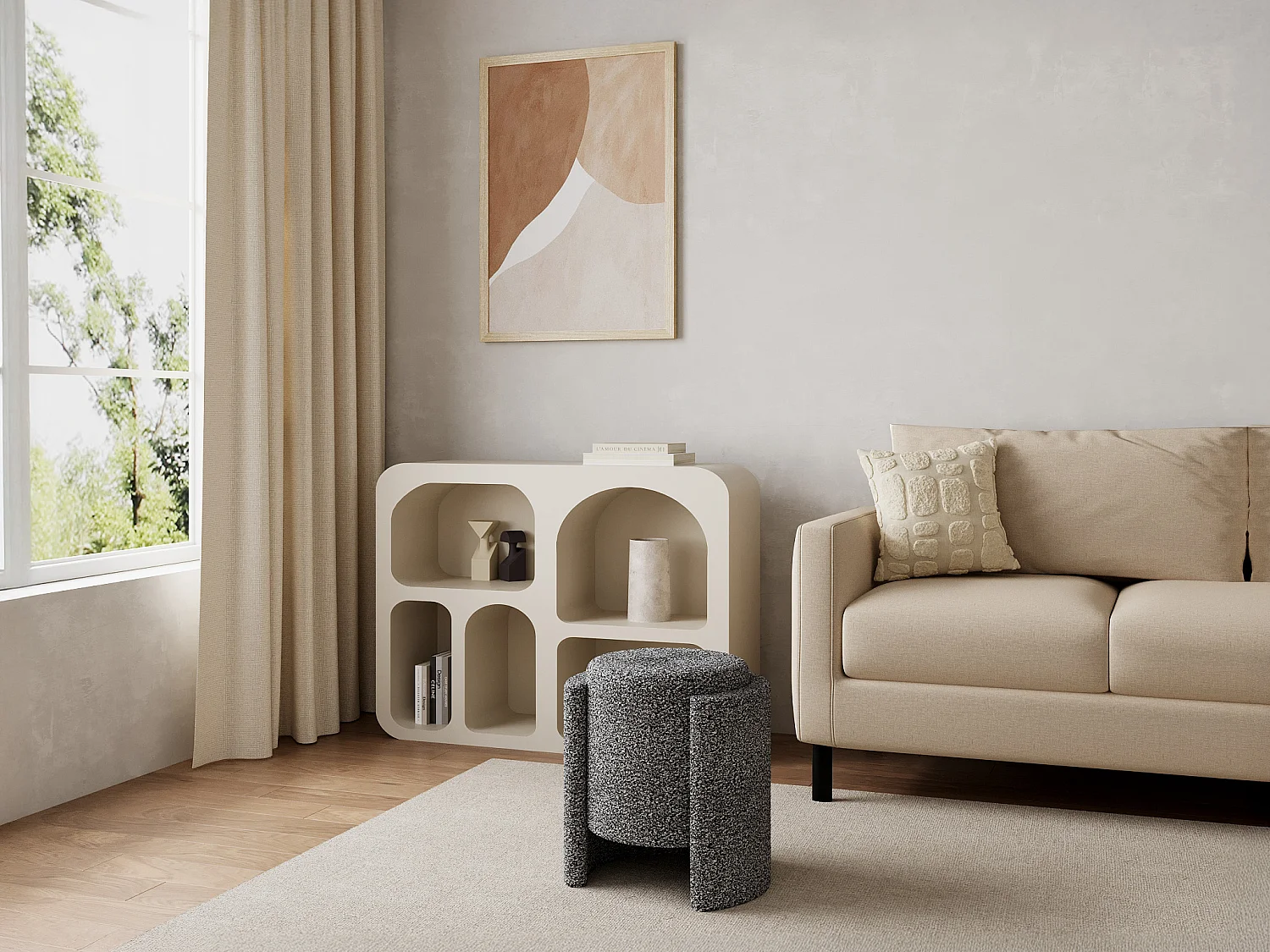 Pouf en tissu bouclette écru et noir MIALARA