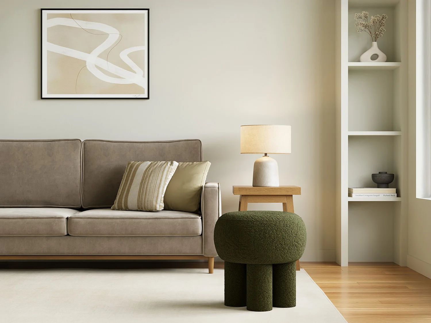 Pouf en tissu bouclette kaki NOLORA