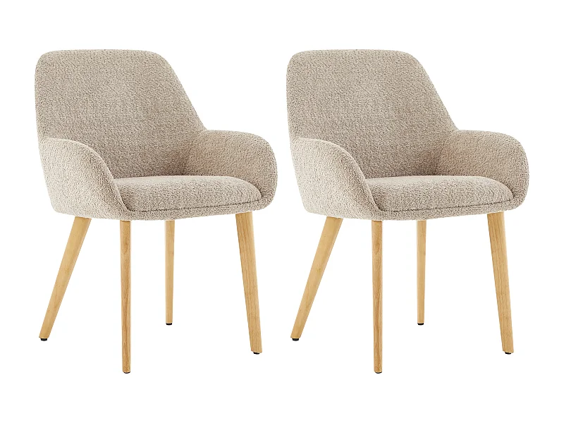 Zestaw 2 krzeseł z podłokietnikami z tkaniny z bukli i drewna kauczukowego - Taupe i jasny naturalny - VALENYO