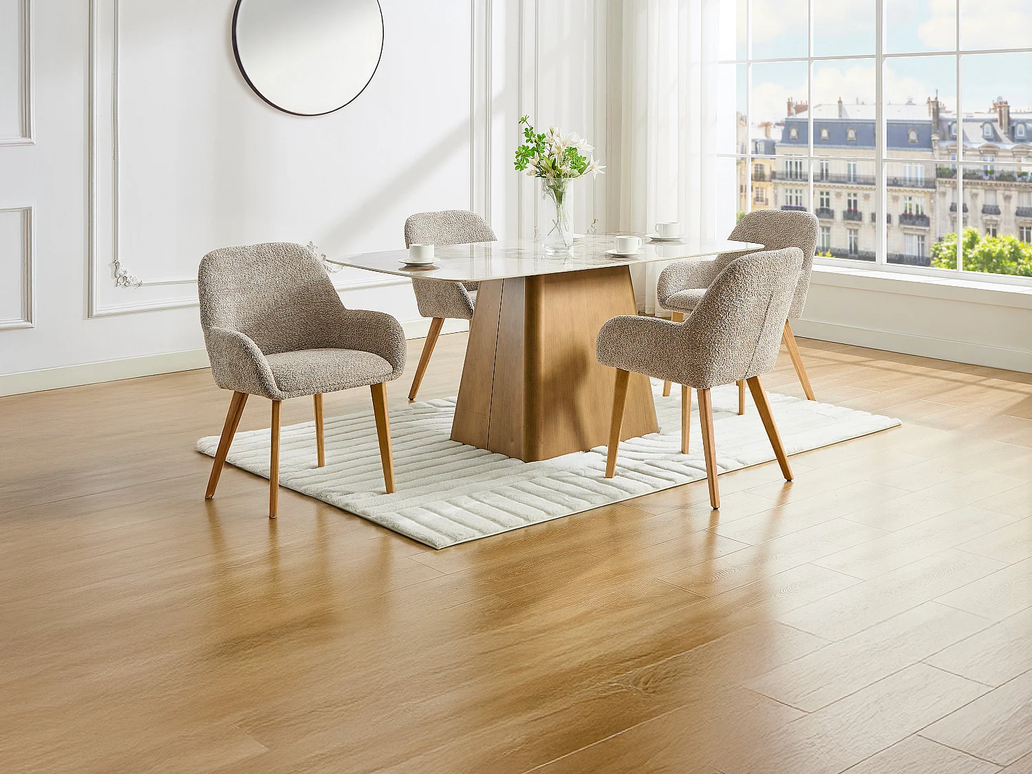 Lot de 2 chaises avec accoudoirs en tissu bouclette et bois d'hévéa - Taupe et naturel clair - VALENYO