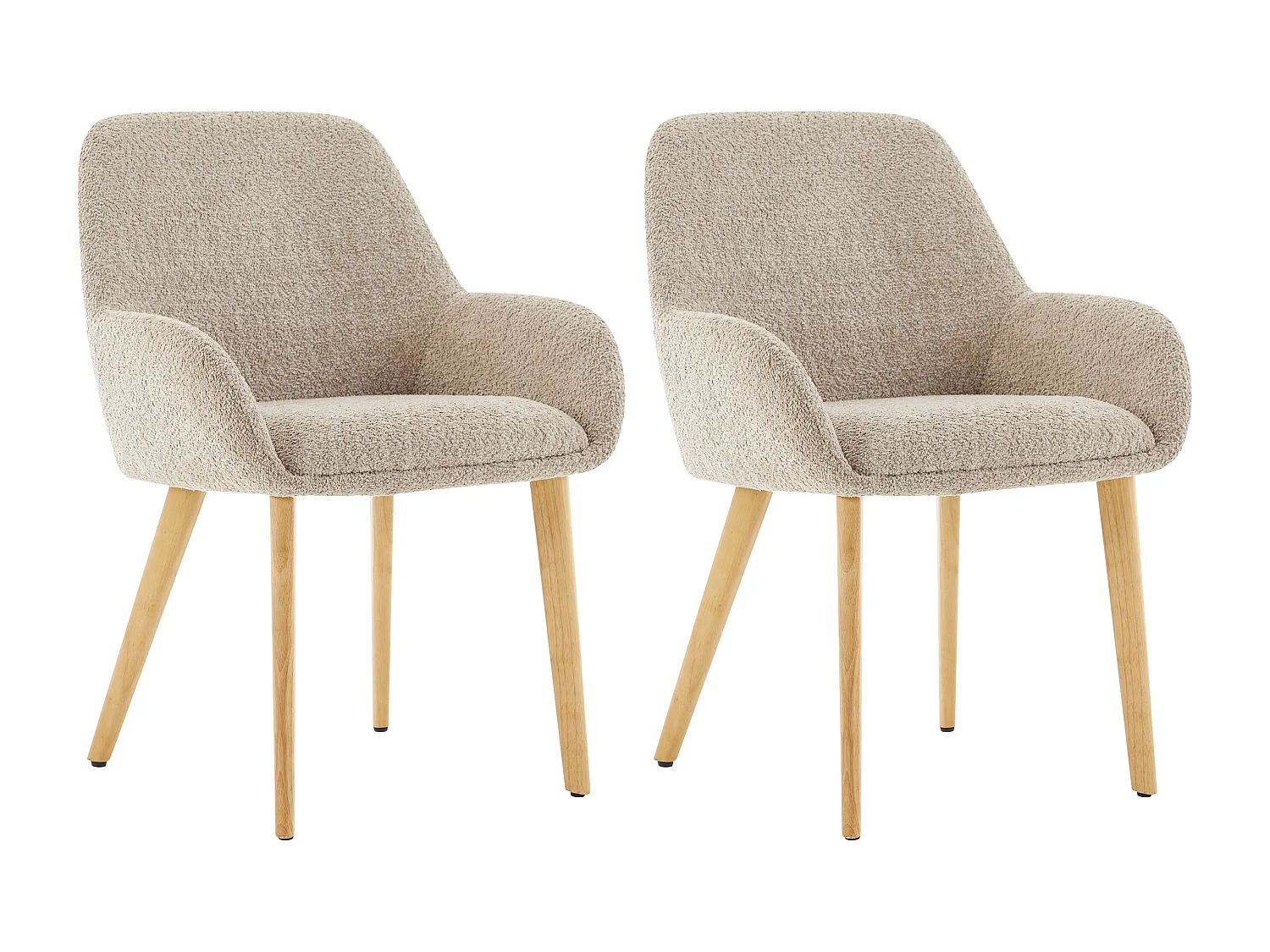 Lot de 2 chaises avec accoudoirs en tissu bouclette et bois d'hévéa - Taupe et naturel clair - VALENYO