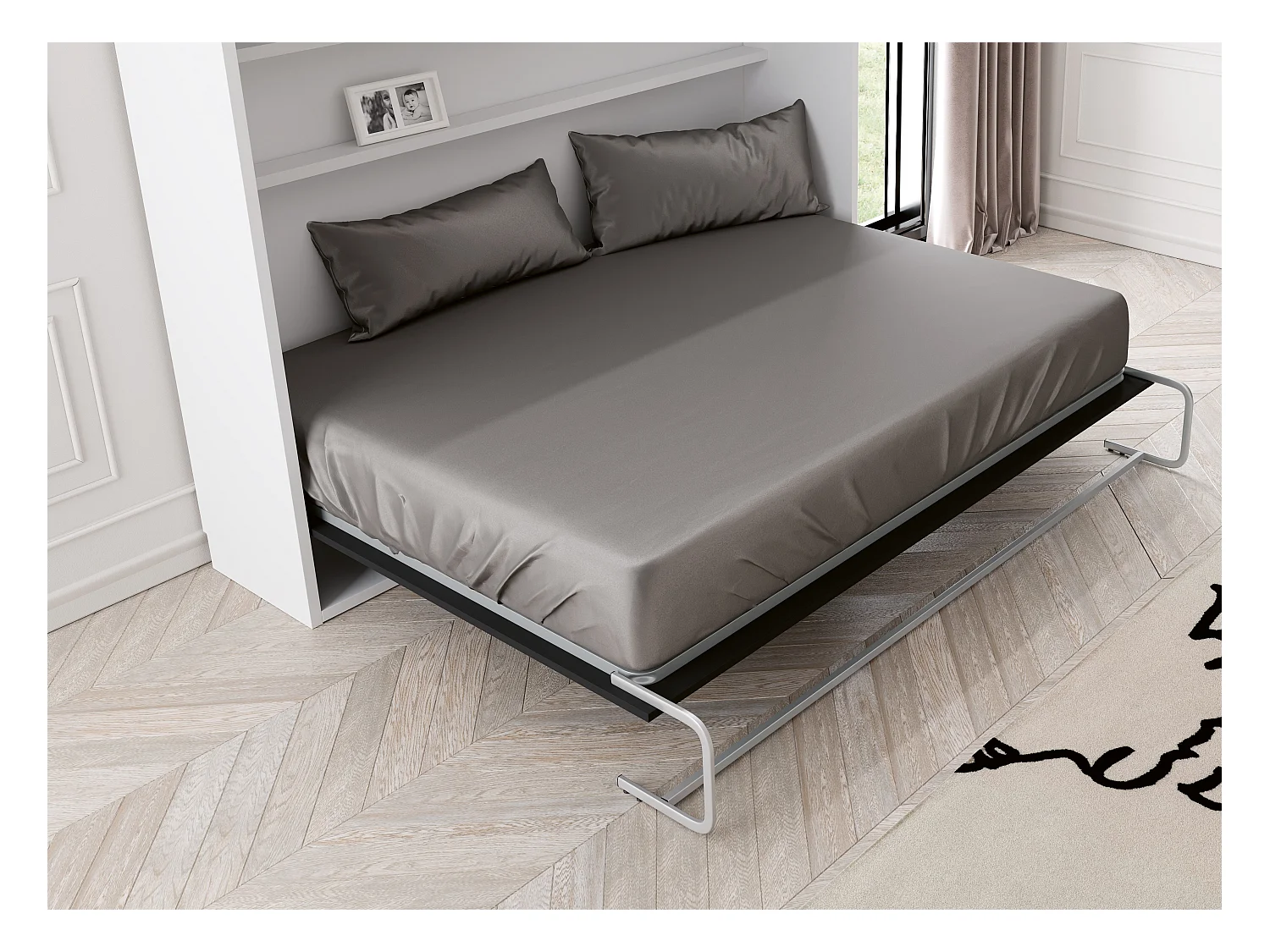 Lit escamotable vertical 160x200 avec étagères intérieures Paola-Avec matelas-Encadrement Blanc-Façade Blanche