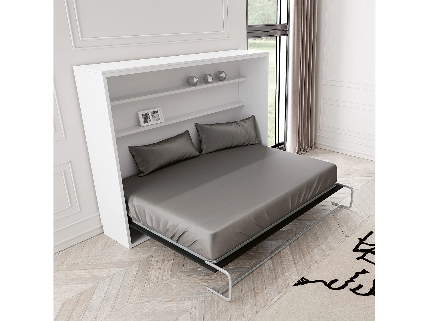 Lit escamotable vertical 90x190 avec étagères intérieures Paola-Avec matelas-Encadrement Blanc-Façade Blanche