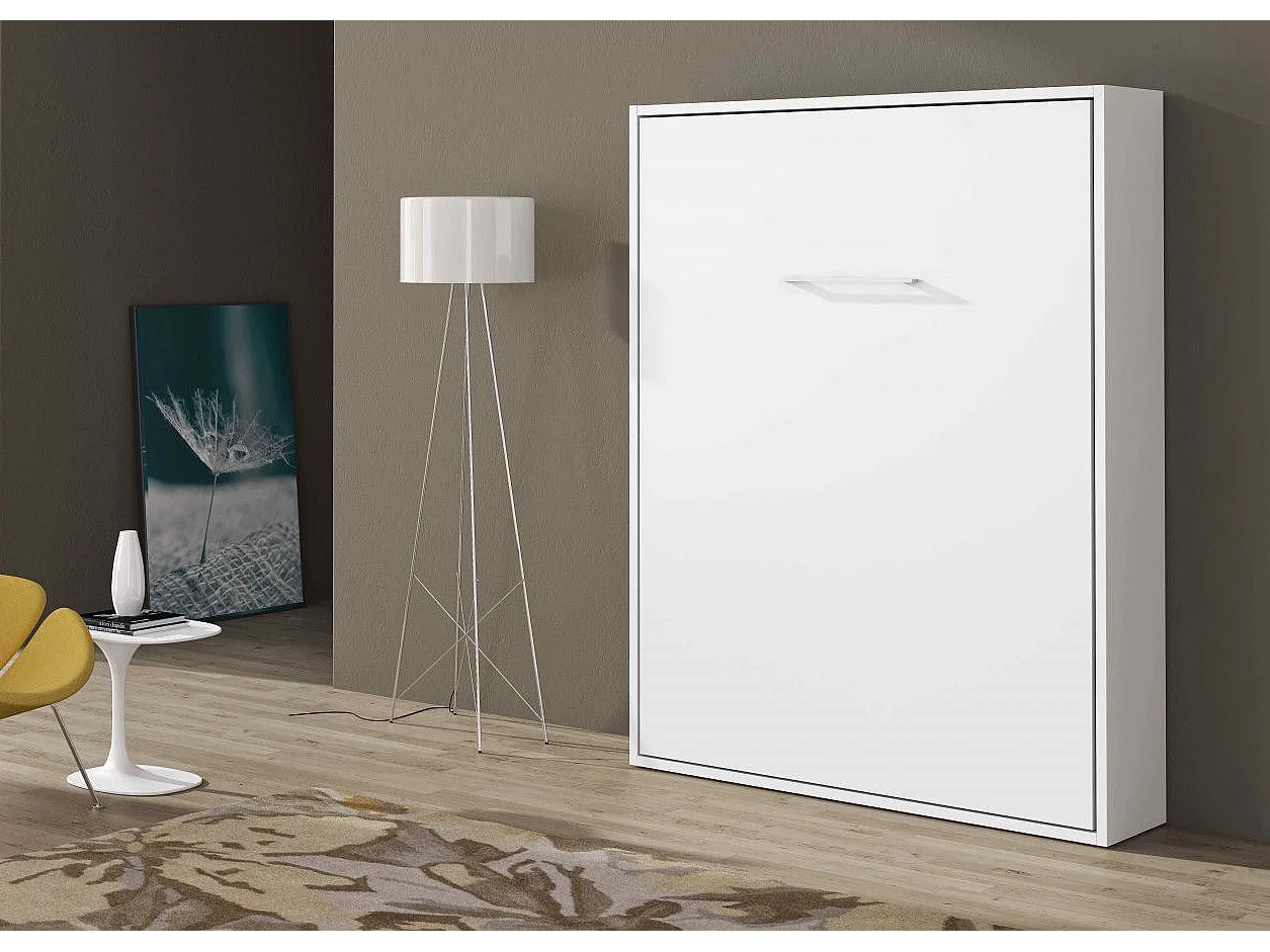 Lit escamotable vertical 90x190 avec étagères intérieures Paola-Avec matelas-Encadrement Blanc-Façade Blanche