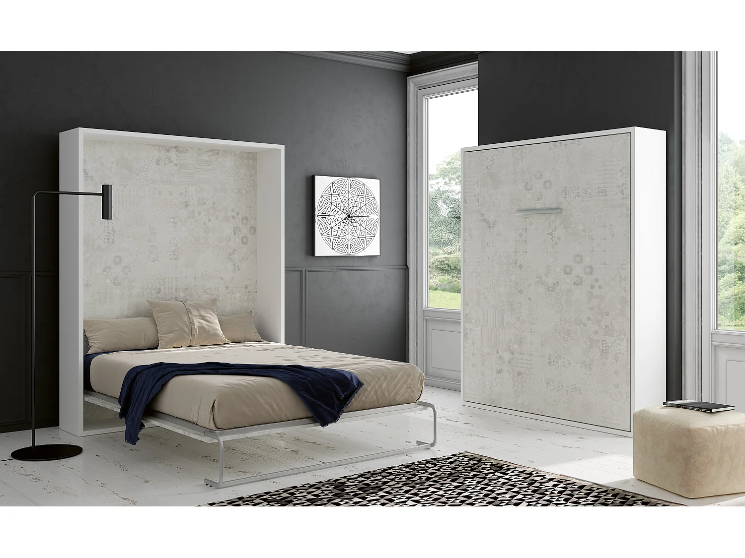 Lit escamotable vertical 140x190 avec étagères intérieures Paola-Avec matelas-Encadrement Blanc-Façade Blanche