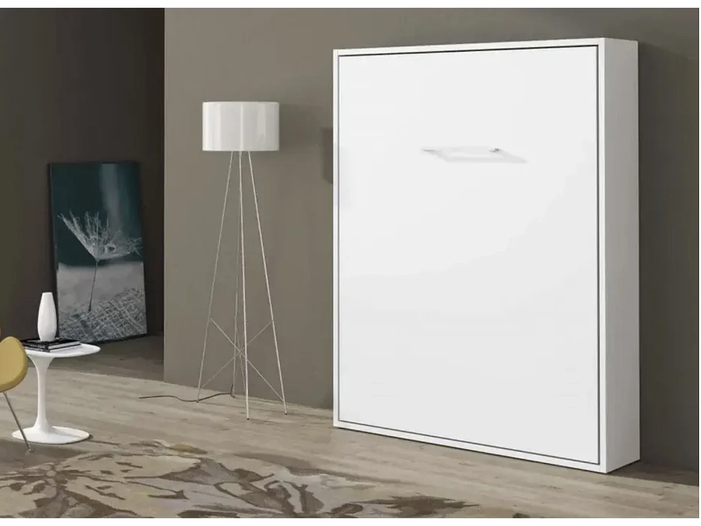 Lit escamotable vertical 140x190 avec étagères intérieures Paola-Avec matelas-Encadrement Blanc-Façade Blanche