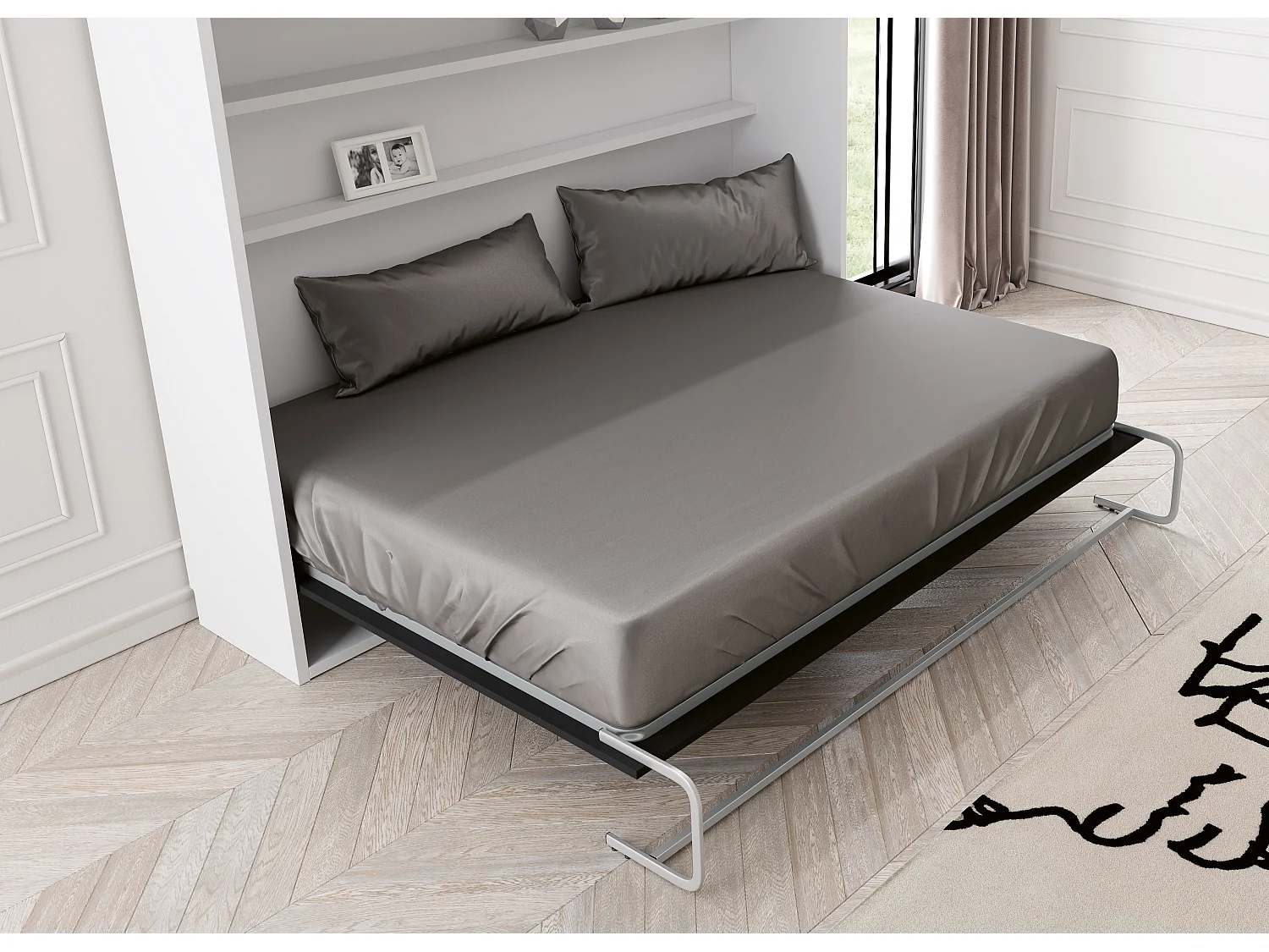 Lit escamotable vertical 140x190 avec étagères intérieures Paola-Avec matelas-Encadrement Blanc-Façade Blanche