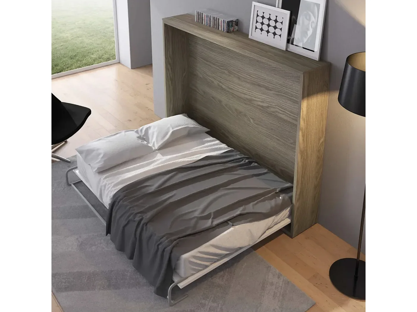 Lit escamotable horizontal 90x190 Molane-Avec matelas-Cadre Blanc-Façade Blanche