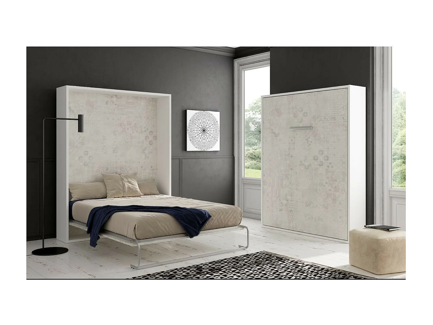 Lit escamotable vertical 90x190 avec étagères intérieures Paola-Encadrement Blanc-Façade Blanche