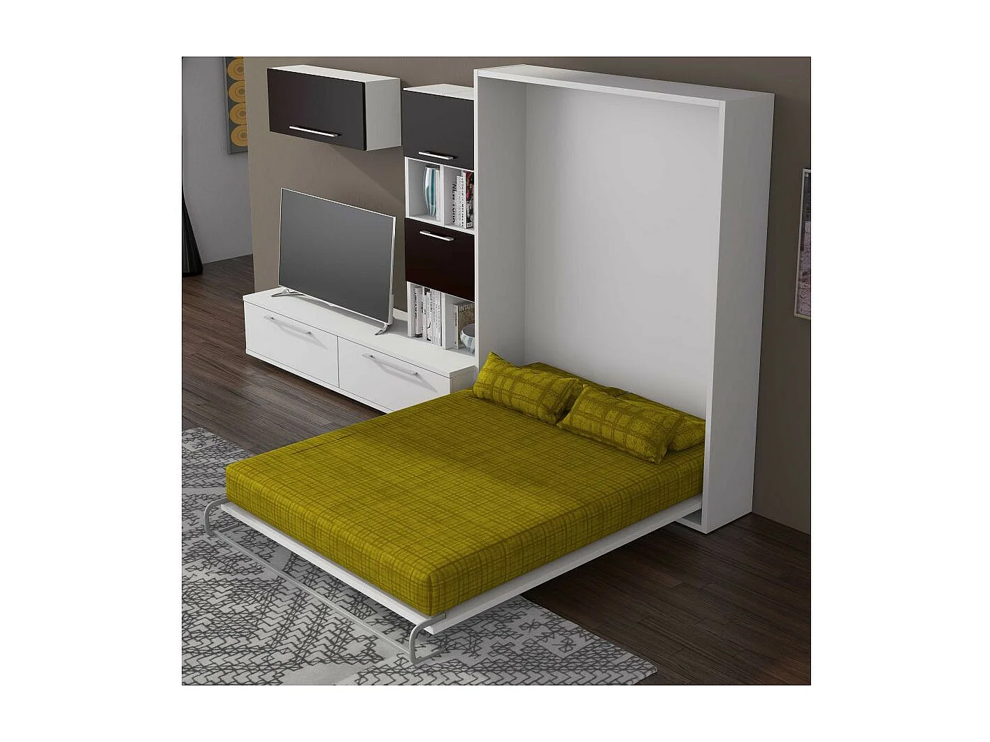 Lit escamotable vertical 90x190 avec étagères intérieures Paola-Encadrement Blanc-Façade Blanche