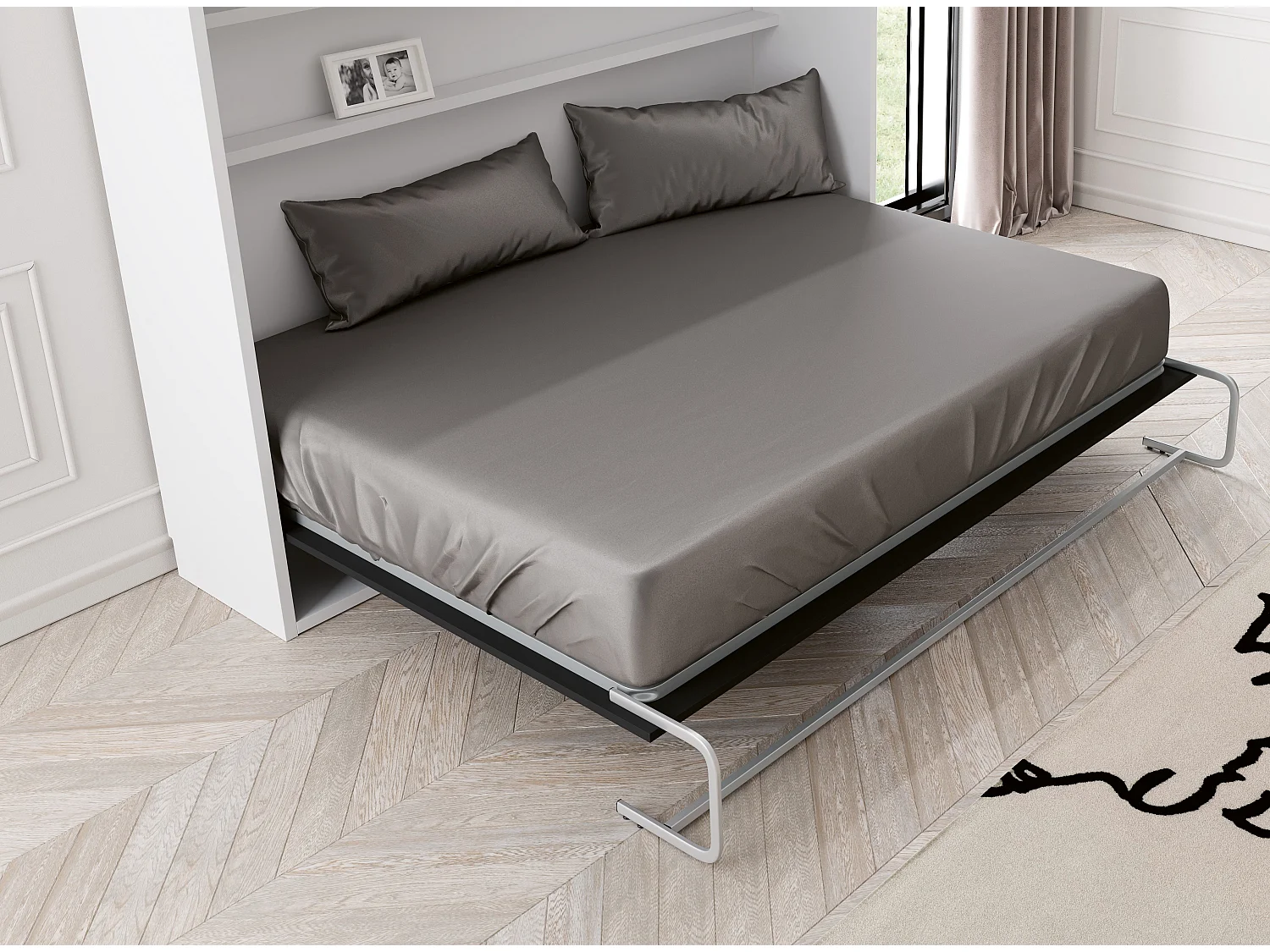 Cama abatible vertical Paola 160x200 cm con estantes interiores - Profundidad 45 cm Colchón de espuma de 18 cm 3D Roble Antracita-Encofrado Blanco-Frente Blanche