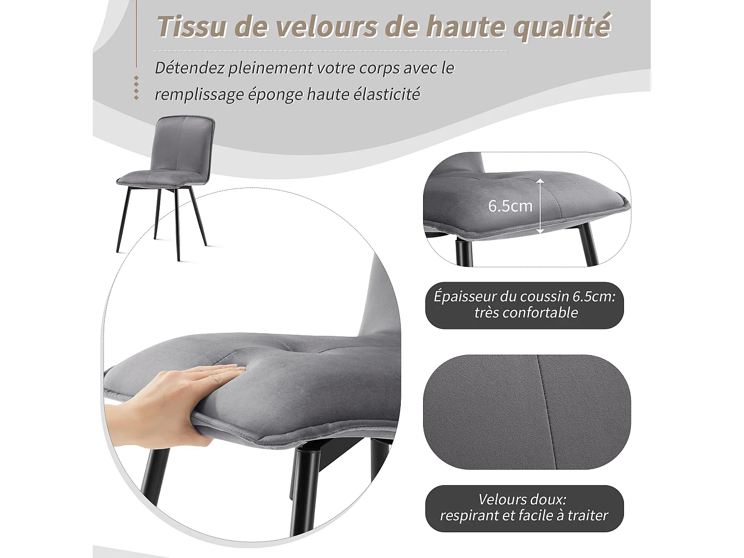 Chaise Salle à Manger, 4 Pièces, Velours, Pieds En Métal, Gris