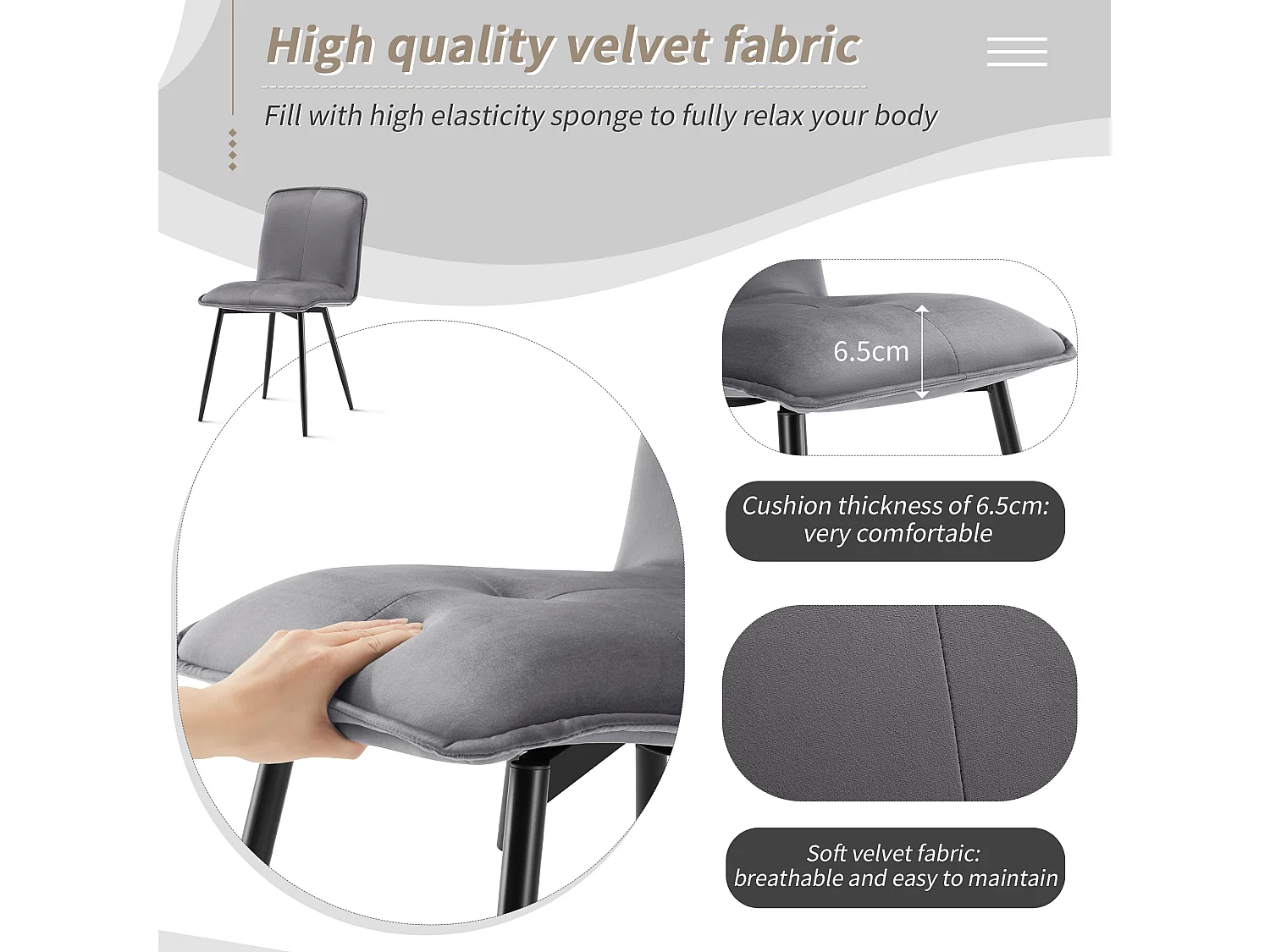 Chaise Salle à Manger, 4 Pièces, Velours, Pieds En Métal, Gris