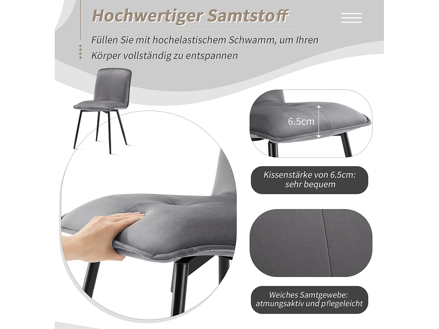 Chaise Salle à Manger, 4 Pièces, Velours, Pieds En Métal, Gris